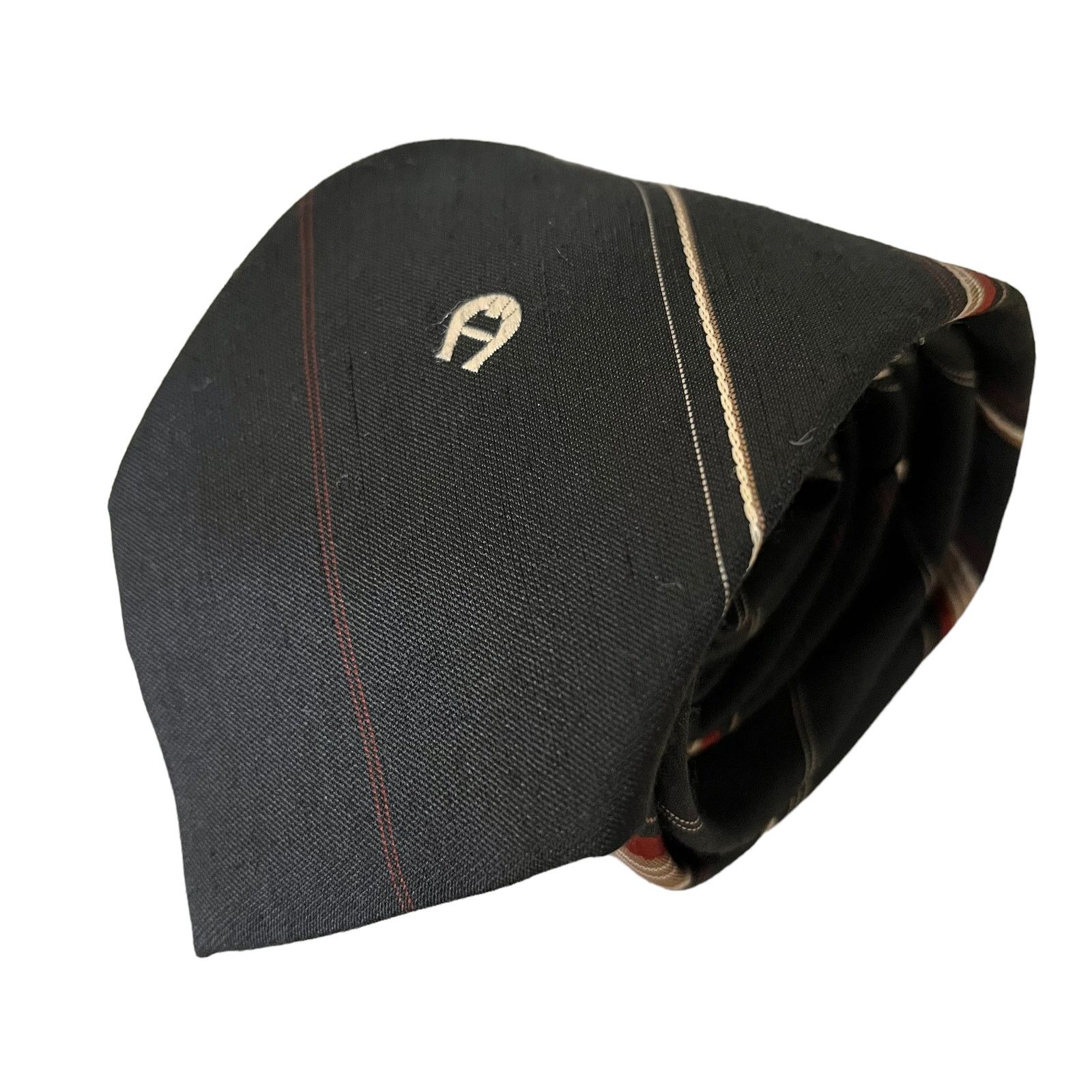 Etienne Aigner × Vintage Vintage Etienne Aigner Black Striped Silk Blend Logo Tie Size ONE SIZE - 1 Thumbnail