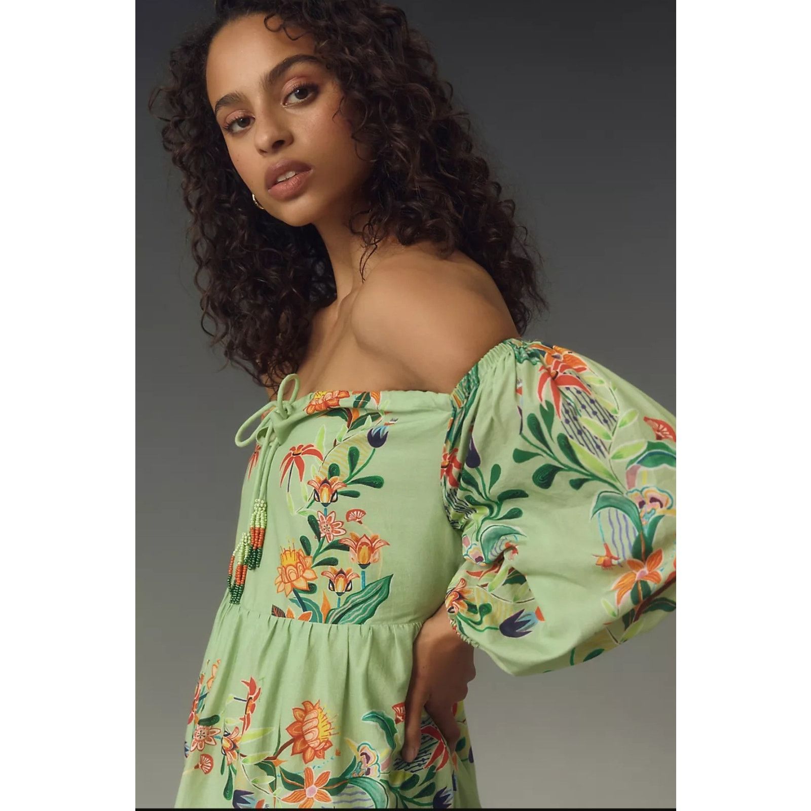 Anthropologie × Farm Rio NWT Off-The-Shoulder Tiered Floral Midi Dress $238 XSP Size XS / US 0-2 / IT 36-38 - 2 Thumbnail