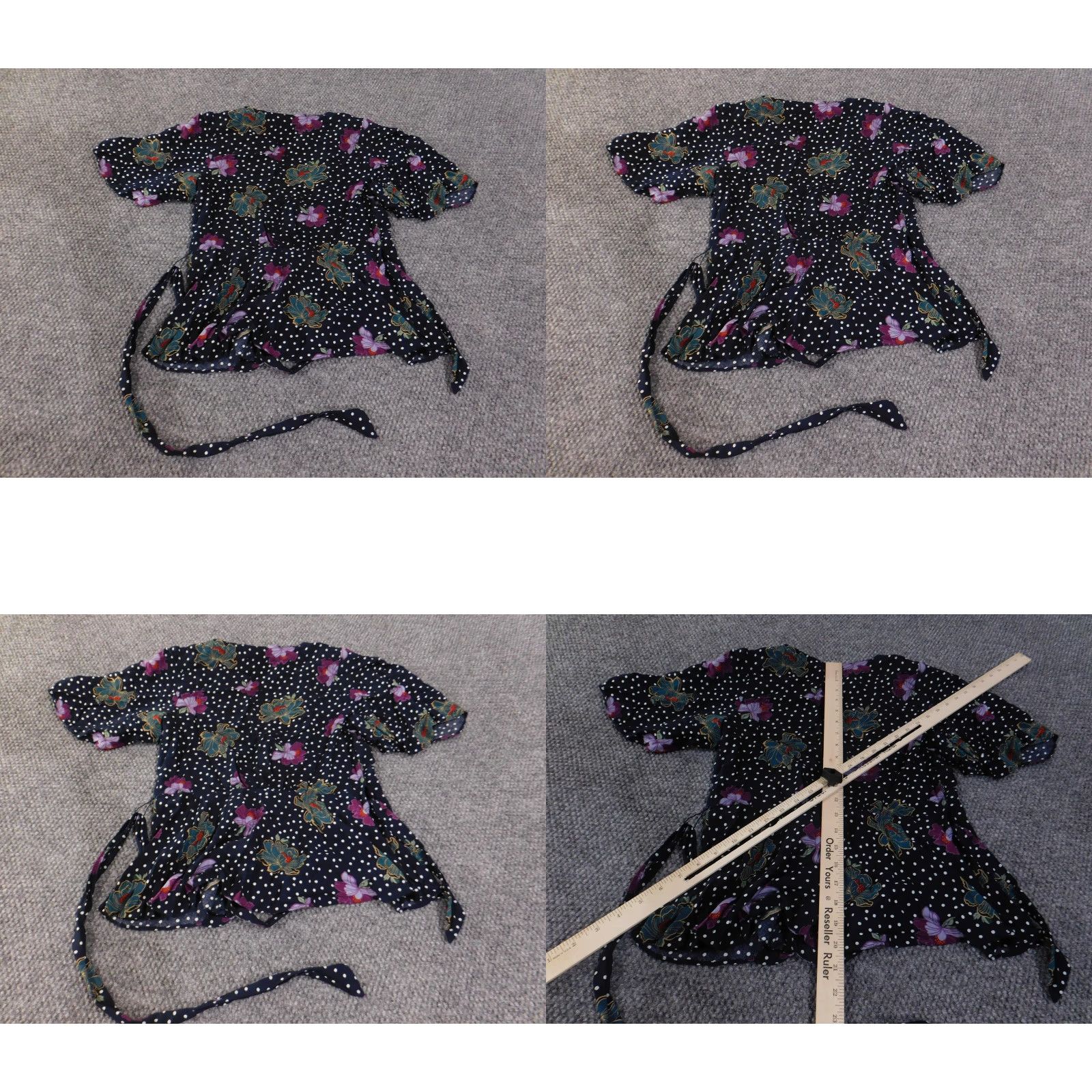Loft LOFT Shirt Womens XS Petite Navy Blue Polka Dot Floral Wrap Tie Waist V Neck Puff Sleeve Button Ruffle Lightweight Blouse Size XS / US 0-2 / IT 36-38 - 8 Thumbnail