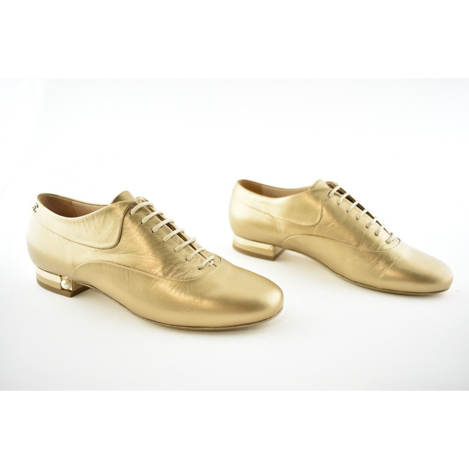 Chanel 15A Gold Lace Up Tie Leather Pearl CC Oxford