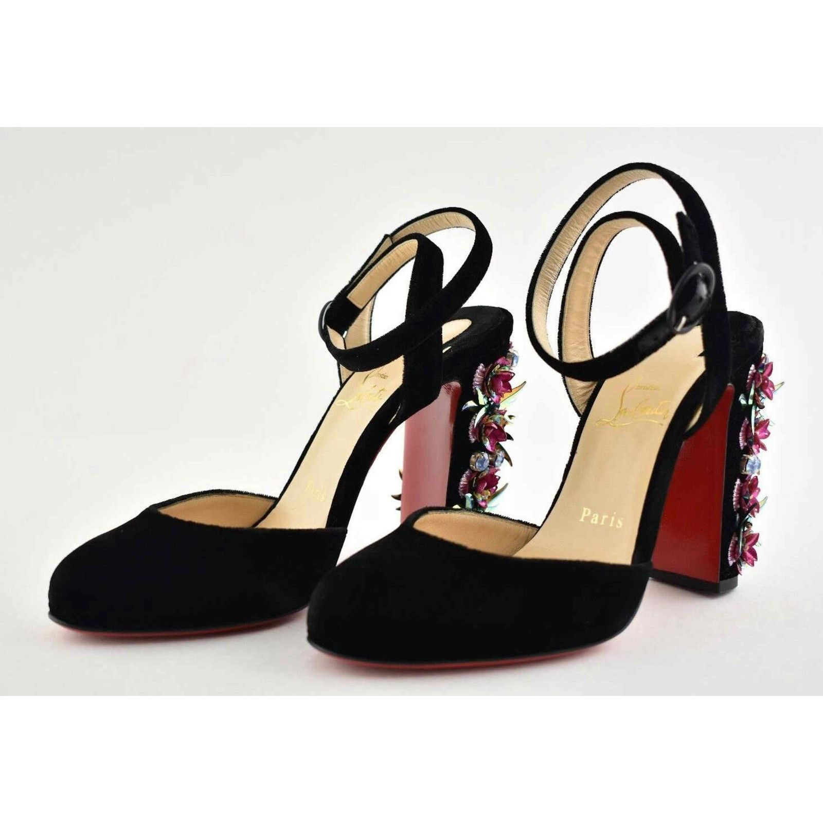 Madonaflor 100 Black Velvet Ankle Strap Block Heel Pump 36.5