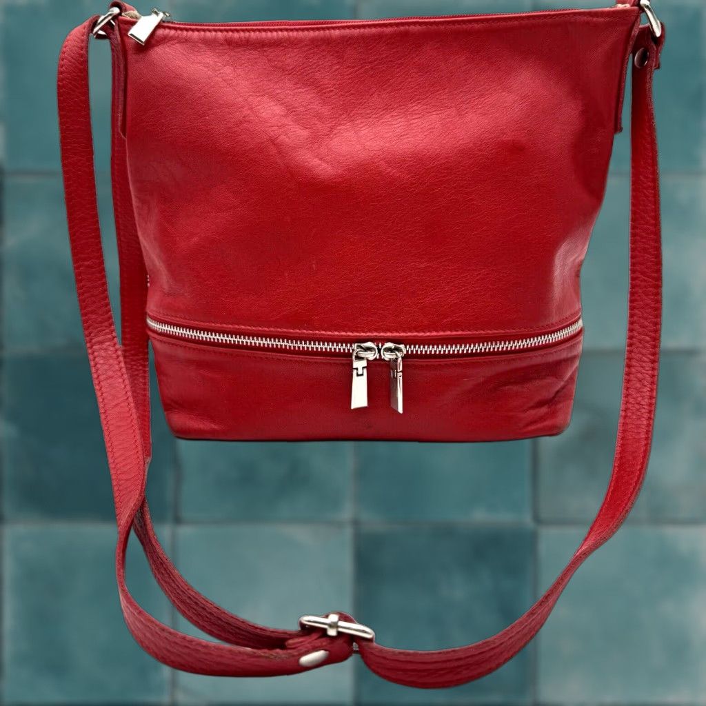 Vera Pelle Crossbody Bag Red Genuine Leather Purse Bucket Slouchy Hobo Zip Adjustable Strap Women Medium X