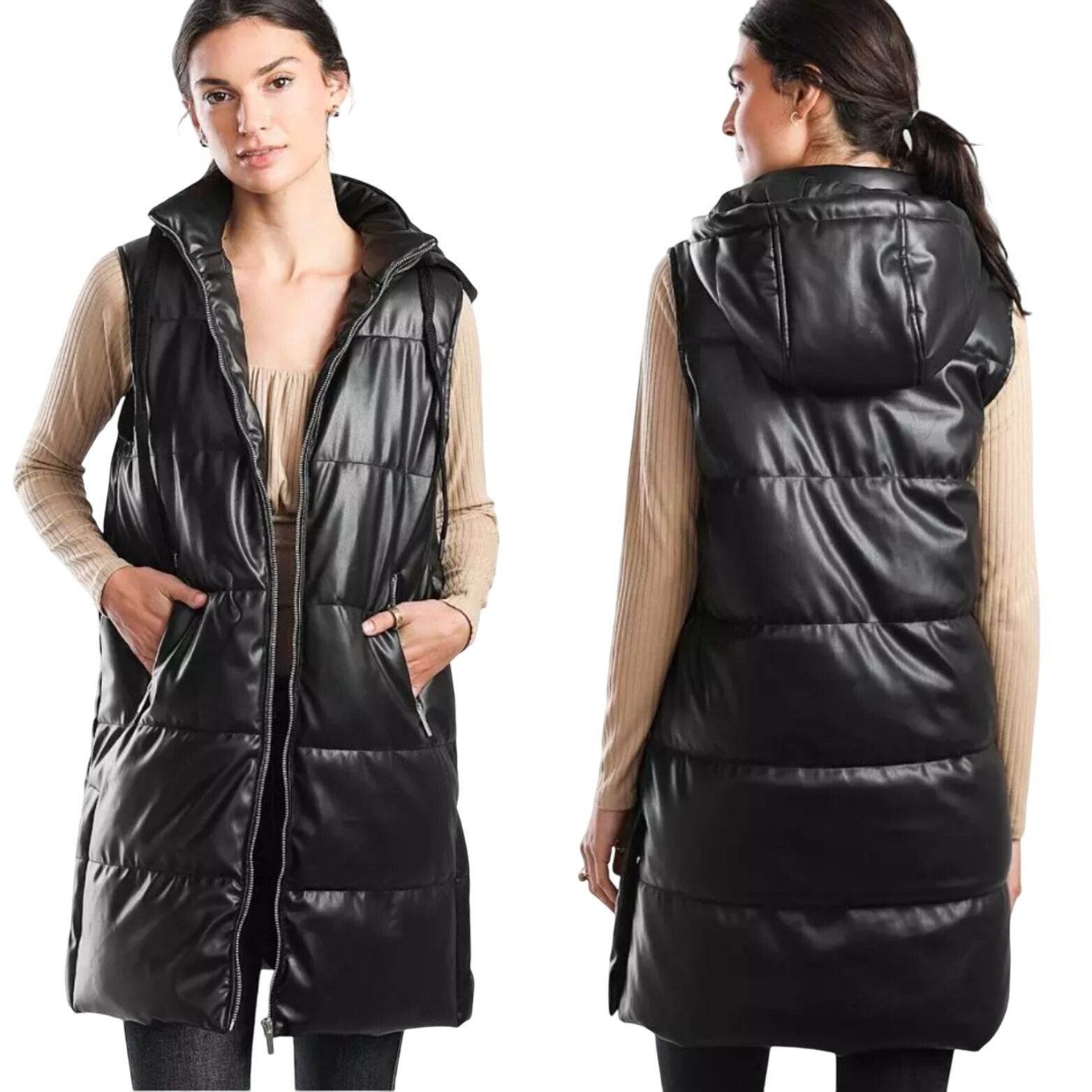 Designer Vigoss Sz XL Hooded Black Vegan Faux Leather Quilted Puffer Size XL / US 12-14 / IT 48-50 - 2 Thumbnail