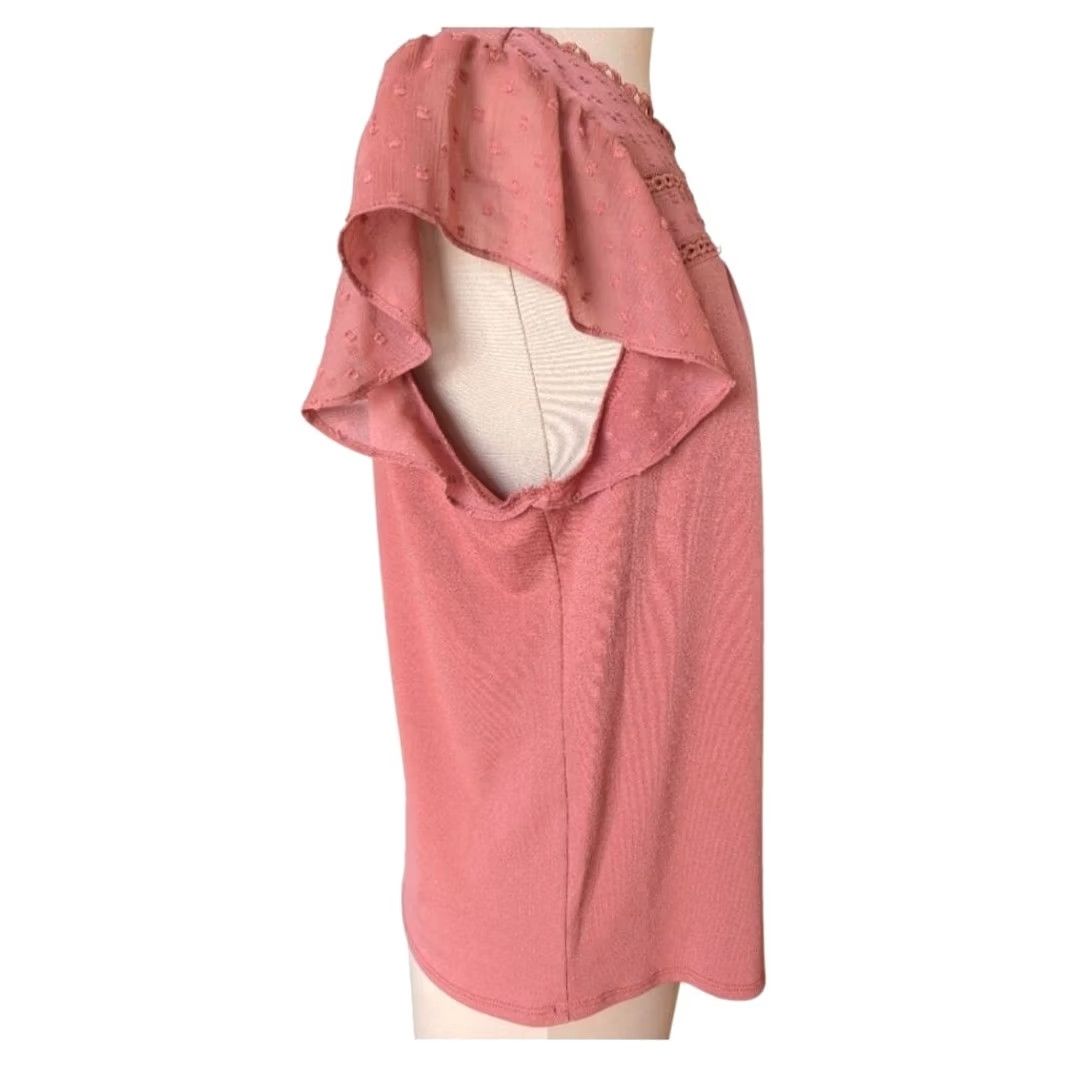 Vintage Dusty Rose Swiss Dot Short Flutter Sleeve Blouse Top Crochet Lace Trim Size M Womens Blouse Crochet Lace Pink Chiffon Solid Bohemian Vintage No Size M / US 6-8 / IT 42-44 - 5 Thumbnail