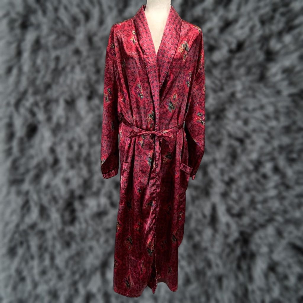 Vintage VINTAGE Beth Michaels Satin Robe Adult Large Women's Red Floral Long Sleeves Belted Pockets Size ONE SIZE - 1 Thumbnail