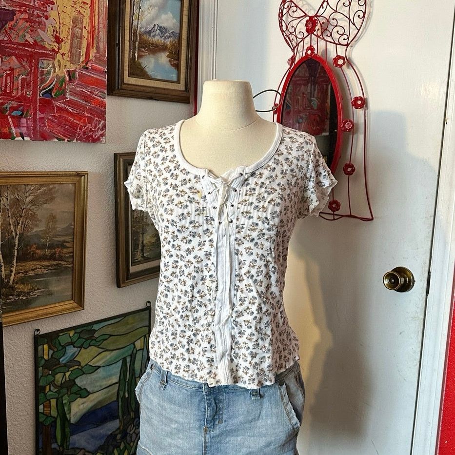 Faded Glory stained faded glory blue white floral short sleeve top Size M / US 6-8 / IT 42-44 - 1 Thumbnail