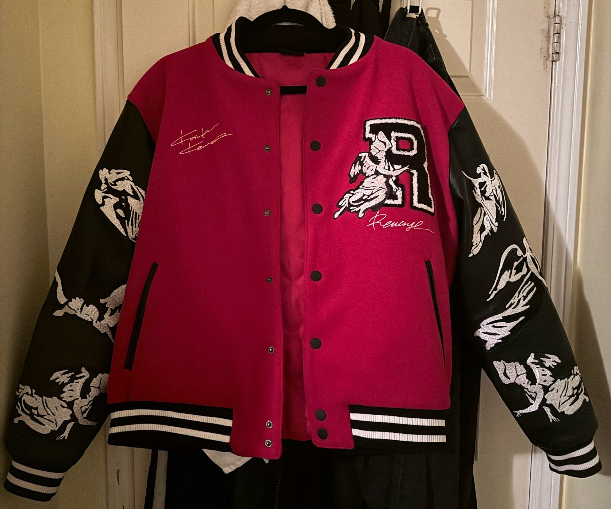 image of Revenge - Kosuke Kawamura Embroidered Varsity Jacket Red, Men's (Size Medium)
