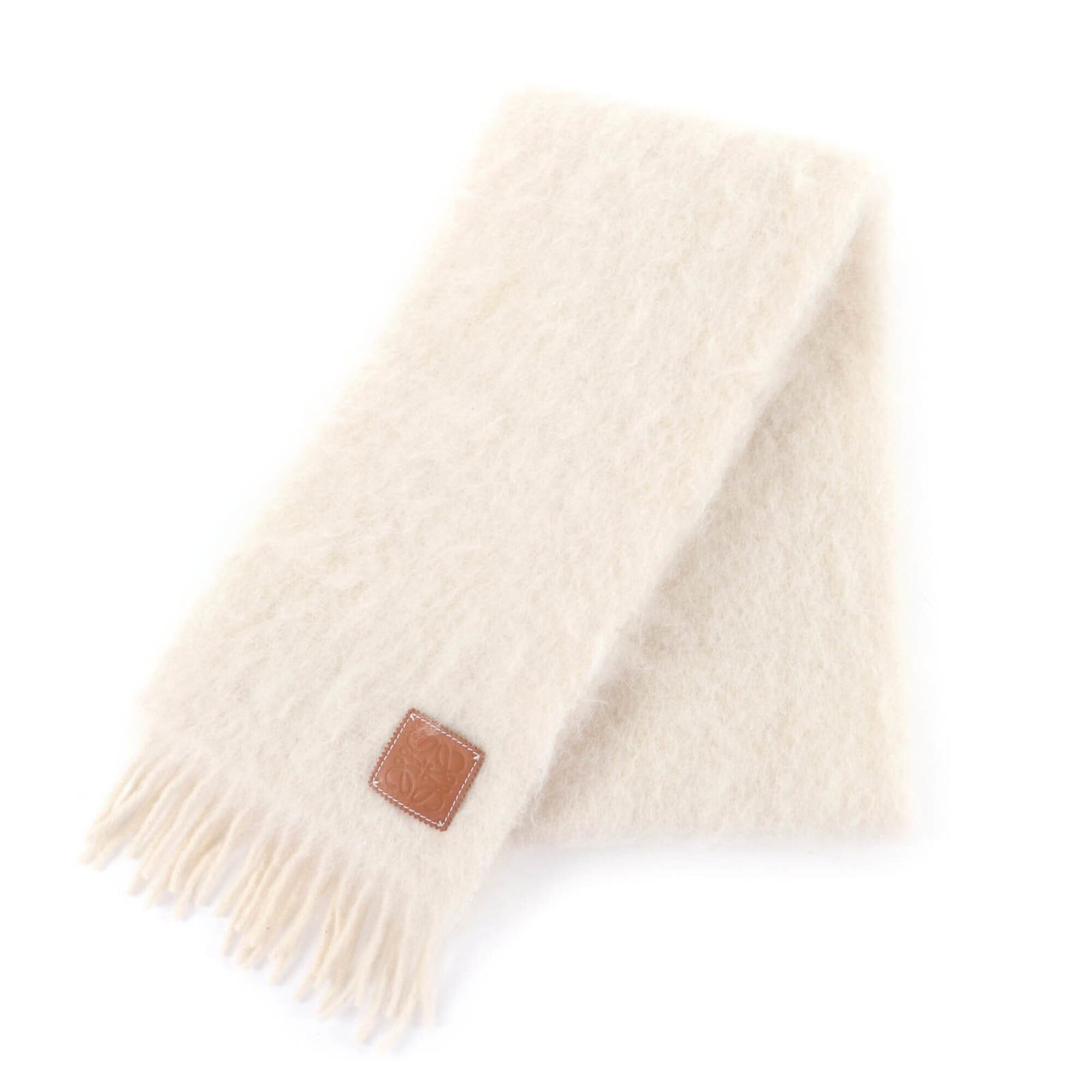 Loewe LOEWE 28003861 Mohair and Wool Blend Scarf with Anagram Leather Patch, Fringe, Ivory, Made in Spain, Authentic, Women's Size ONE SIZE - 1 Thumbnail