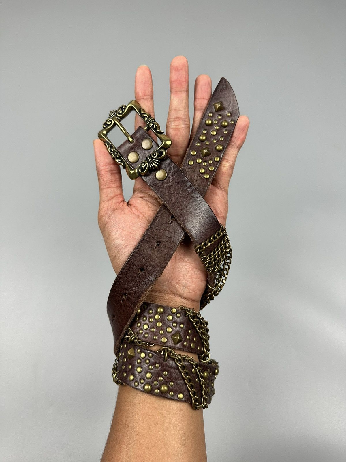 Japanese Brand Rare Gothic Celtic Flower Buckle Studded Leather Belt Size 34 - 13 Thumbnail