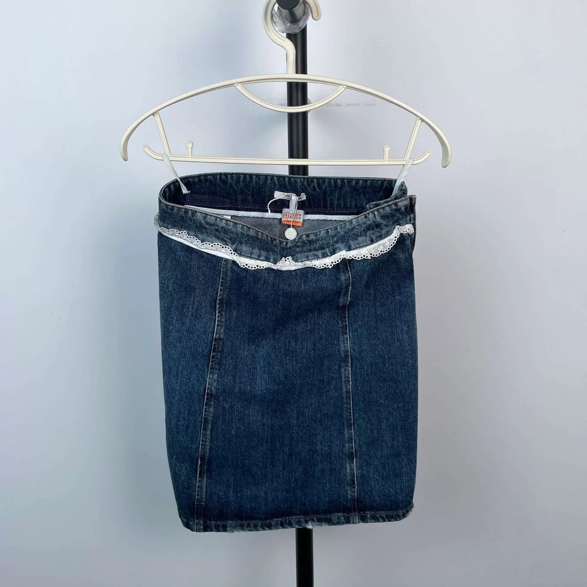 Miu Miu MIU MIU Denim Skirt with Lace Trim Blue 38 95 New Size 26" / US 2 / IT 38 - 1 Thumbnail