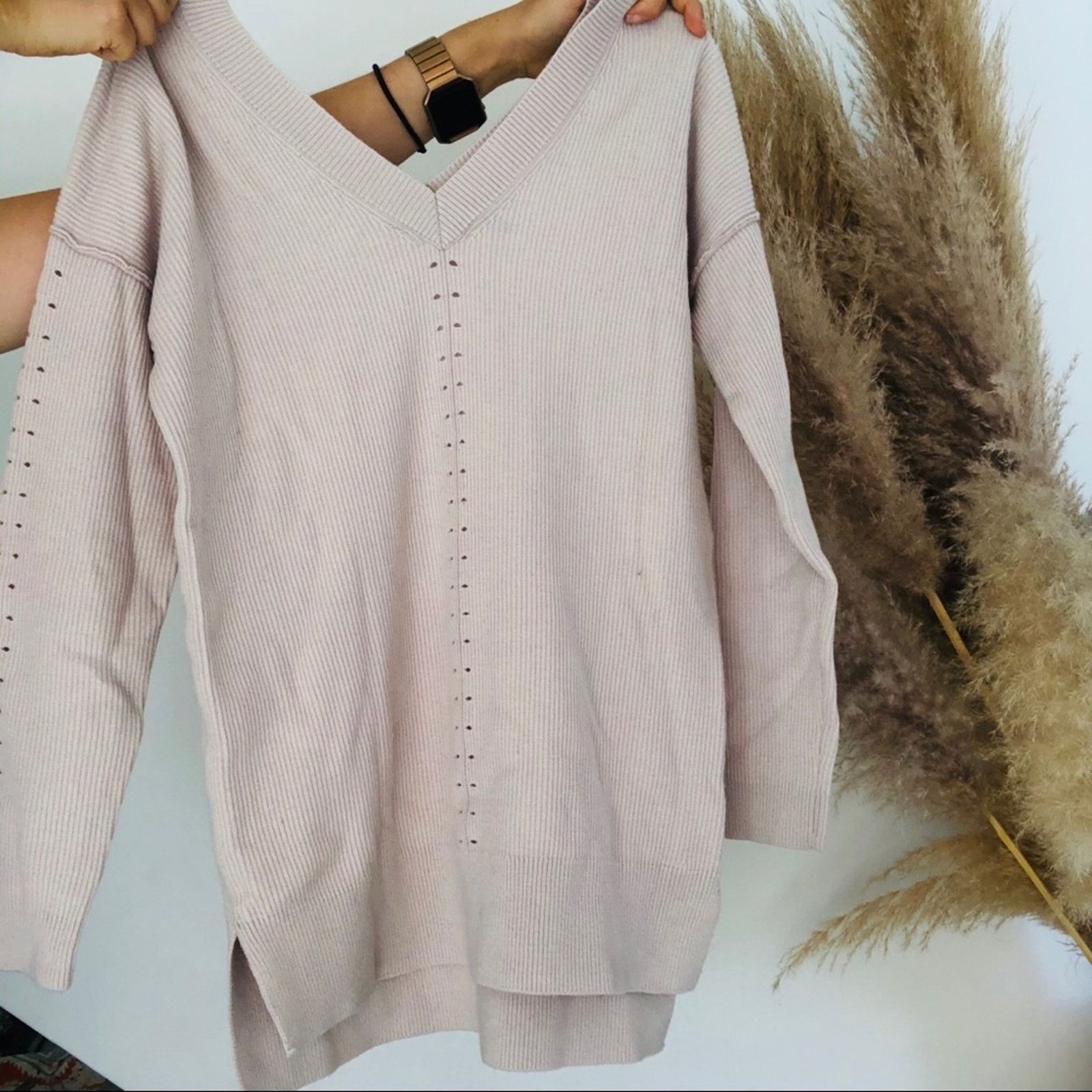 Topshop TOPSHOP Pale Pink Blush VNeck Oversize Slit Pullover Sweater Size XS / US 0-2 / IT 36-38 - 5 Thumbnail