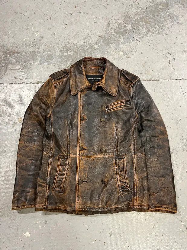 Dolce & Gabbana AW2001 Dolce & Gabbana Brown Eroded Leather Officer Buttoned Jacket Size US M / EU 48-50 / 2 - 3 Thumbnail