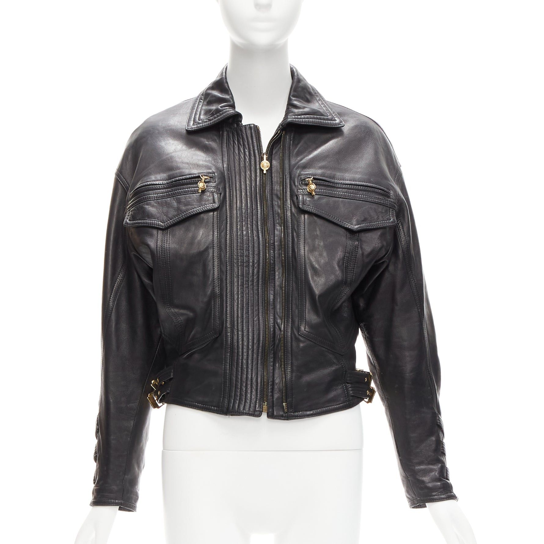 image of Gianni Versace 1992 S&m Black Leather Gold Bondage Buckle Bomber It38 Xs, Women's