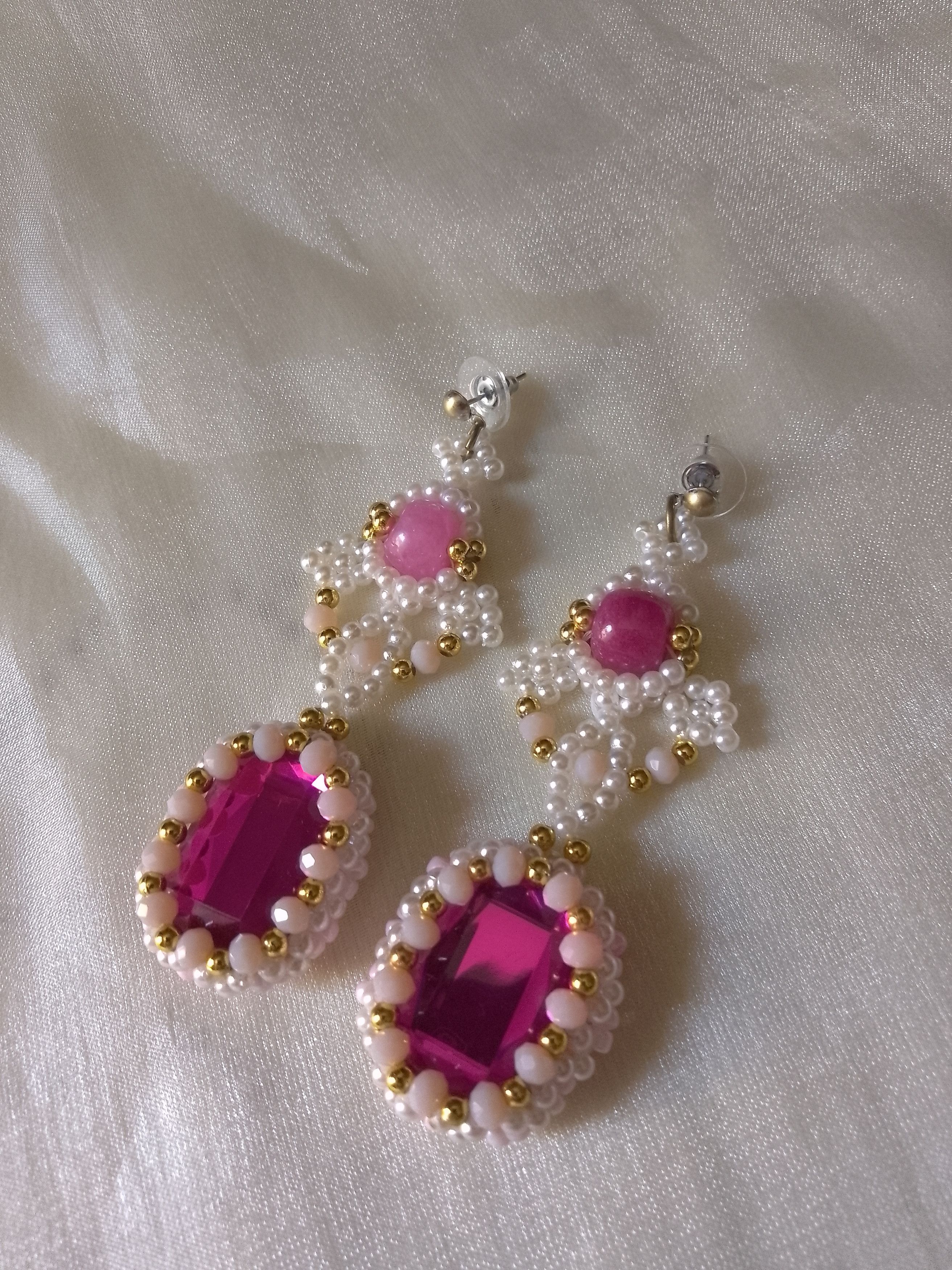 Handmade Vintage style earrings zirconia natural pink jade gemstones Size ONE SIZE - 6 Thumbnail