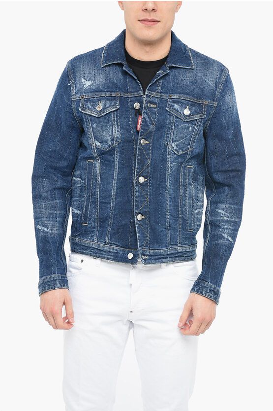 image of Dsquared2 Distressed Denim Dan Jacket With Crystals in Blue, Men's (Size Small)