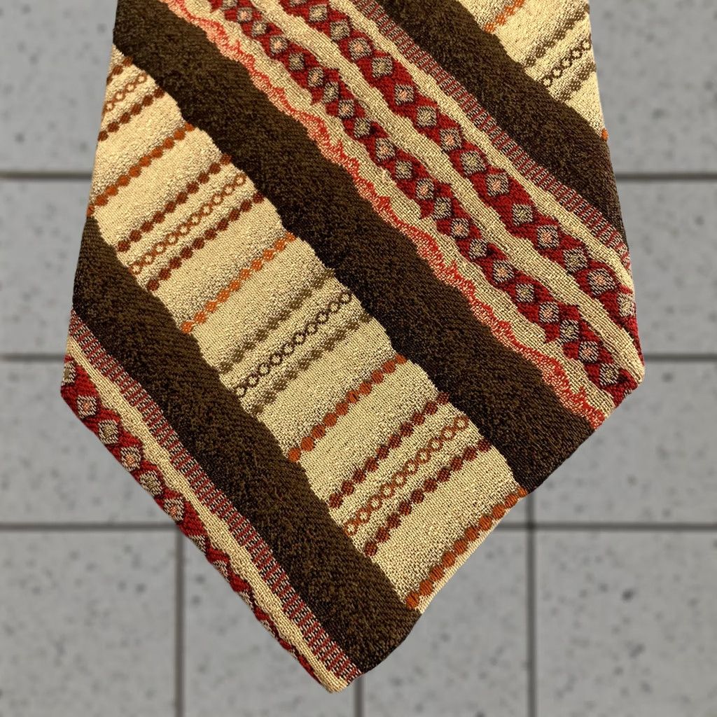 Vintage Pavone Vtg 90s Handmade Silk Tie Brown Repp Stripe Quilted Patchwork Necktie 4x58 Men's Vintage 1990s Wide Necktie Philippines Italy Import Size ONE SIZE - 1 Thumbnail
