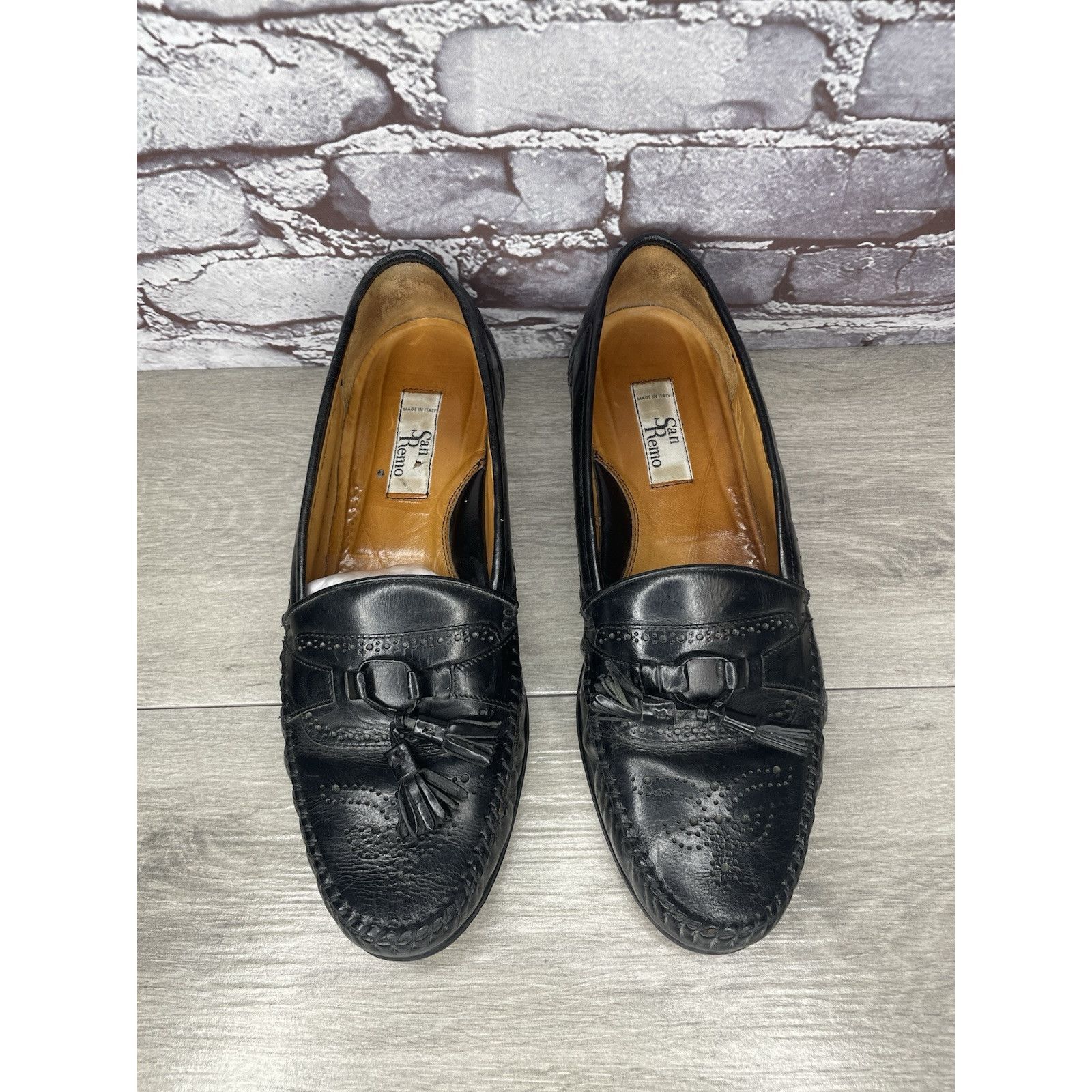 Other SAN REMO Black Leather Wingtip Tassel Loafers Dress Shoes Me Size US 12 / EU 45 - 2 Thumbnail