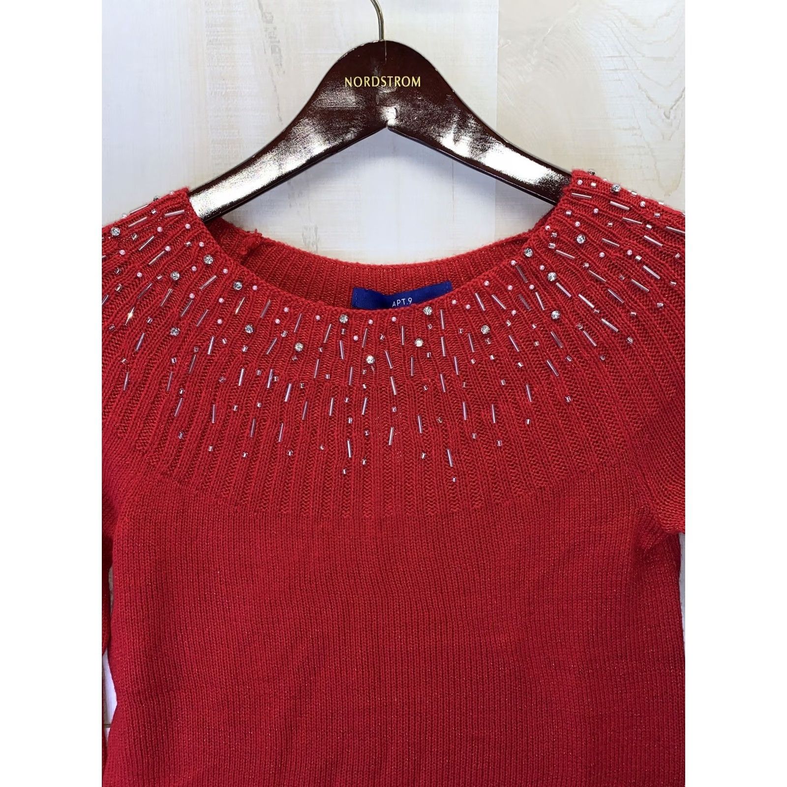 Apt. 9 Apt. 9 Women’s XS Red Silver Beaded Collar Knit Sweater NWT Party/Holiday Pullover, Collared, Long Sleeve, Tight-Knit, Knitwear, Fall Winter, Womens Size XS / US 0-2 / IT 36-38 - 6 Thumbnail