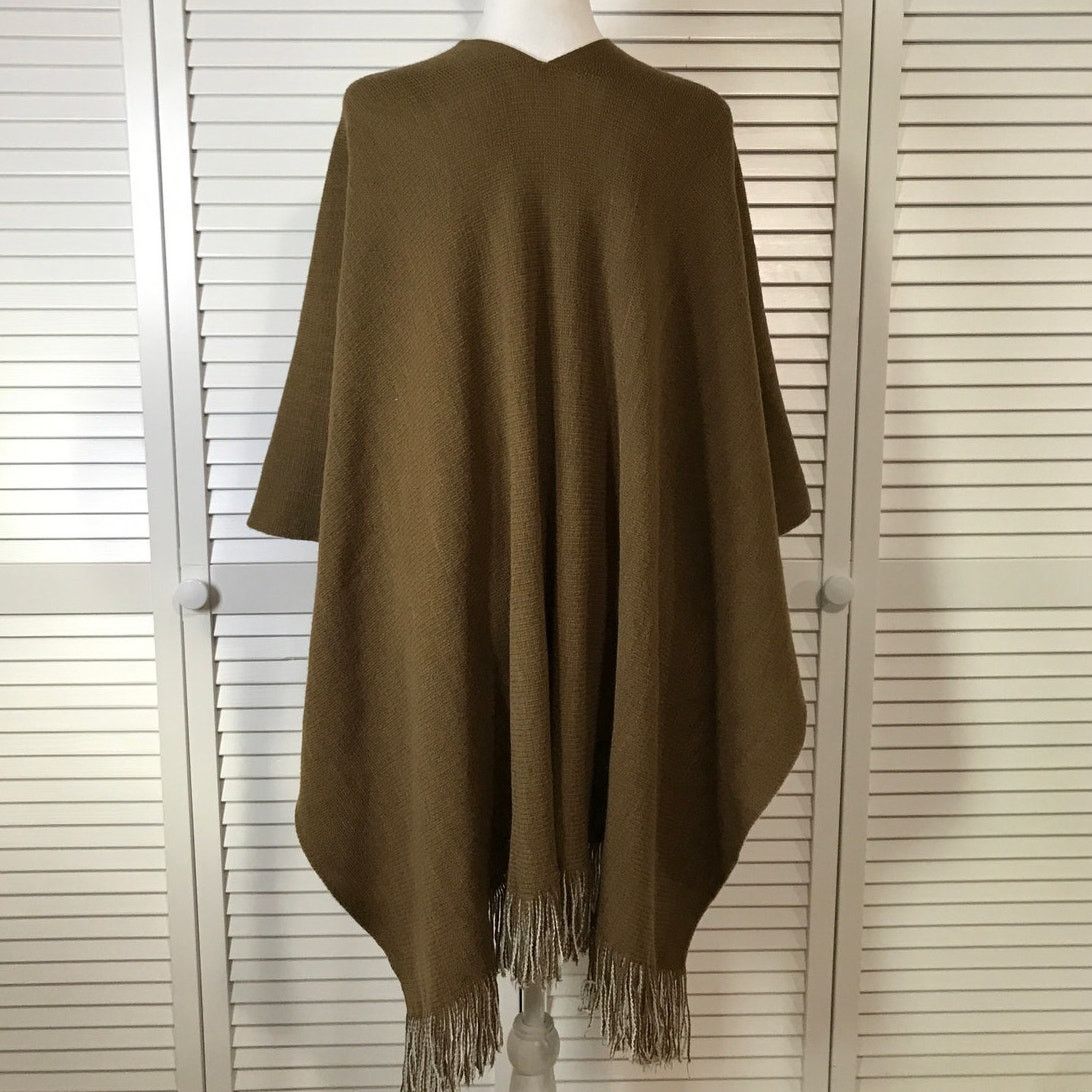 Other Olive Green V-neck Fringe Open Poncho Shawl Cape One Size8 Size ONE SIZE - 2 Thumbnail