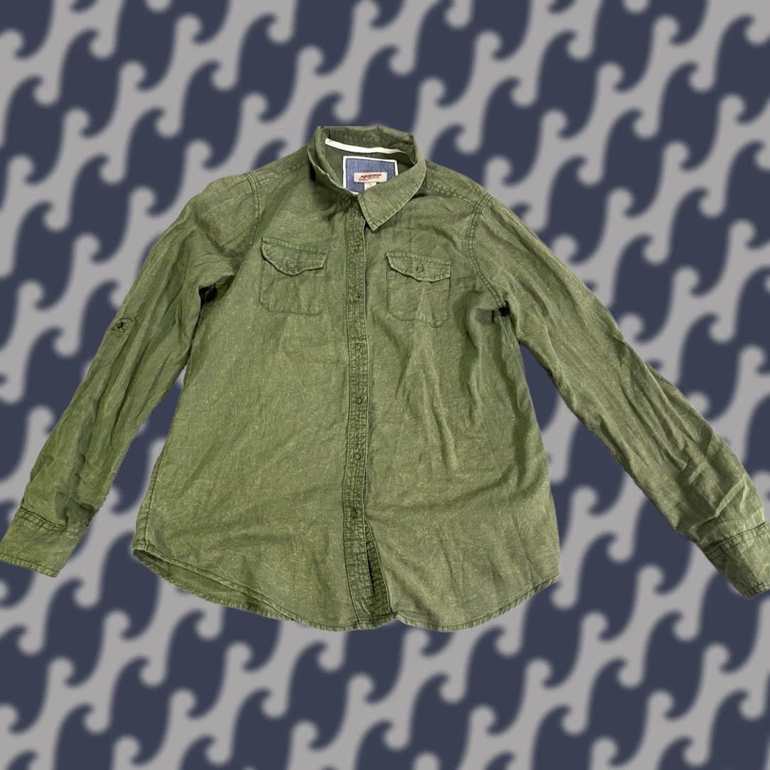 Vintage Arizona Jeans Button-Down Shirt Mens Small Green Long Sleeve Solid LS Cotton Size US 29 - 1 Thumbnail