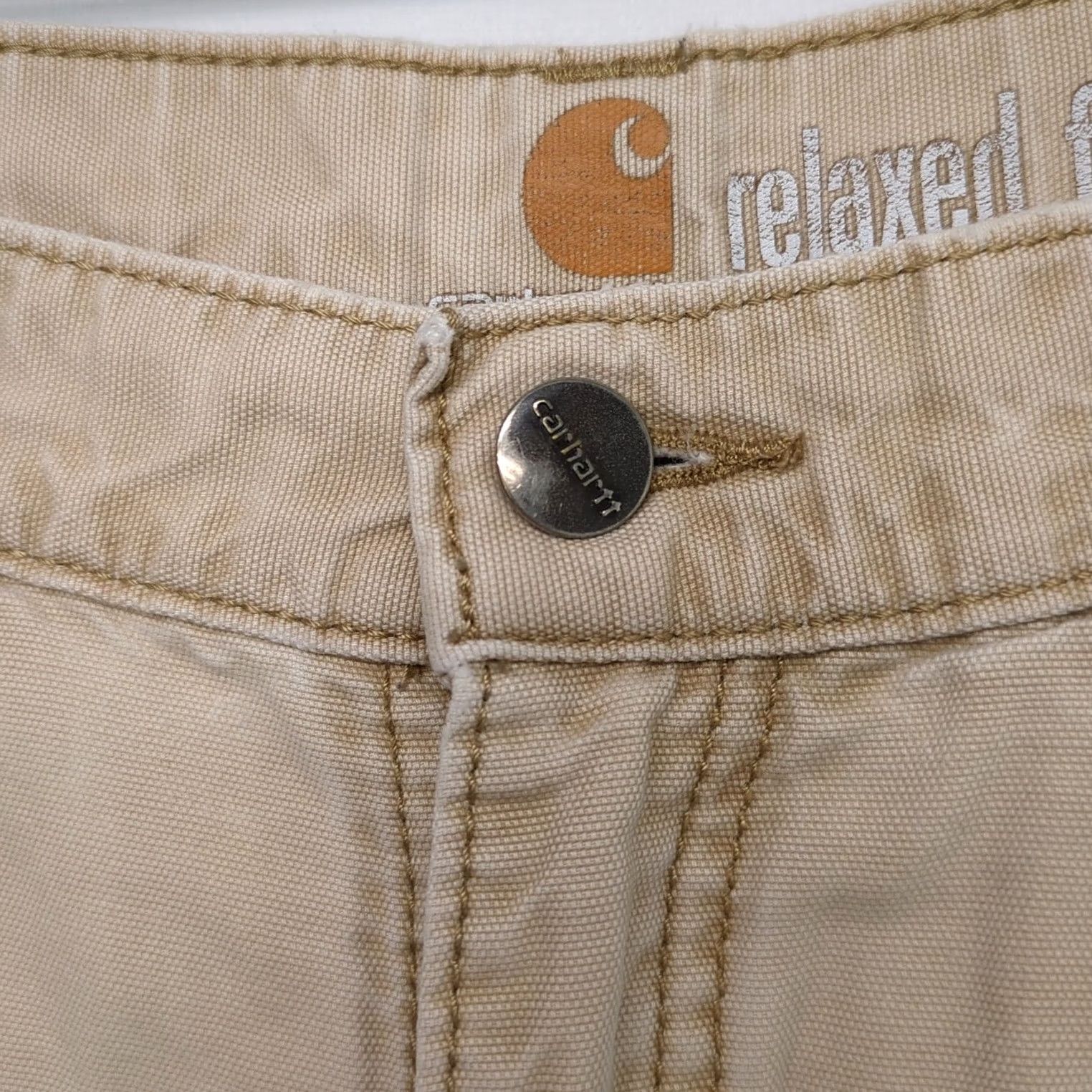 Carhartt Carhartt Cargo Shorts Mens 29 Relaxed Fit Workwear Beige Canvas 5-Pocket Zipper Button Carhartt Logo Belt Loops Front Flat Front Linen? Size US 29 - 2 Thumbnail
