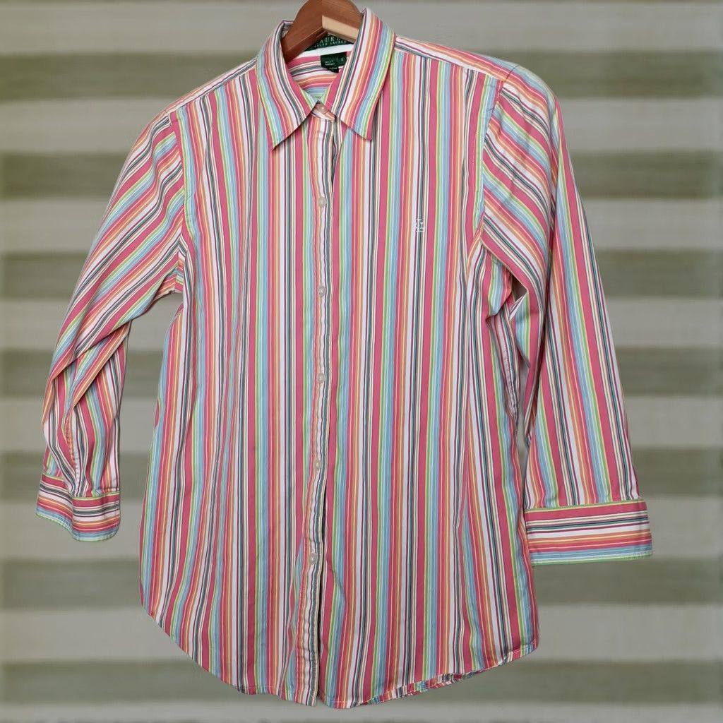 Ralph Lauren Lauren Ralph Lauren Blouse Shirt Women S Multicolor Striped 3/4 Sleeve Button Up Top Pink White Cuffs Foldable LRL Logo XS- Regular Mens? Womens Size S / US 4 / IT 40 - 1 Thumbnail
