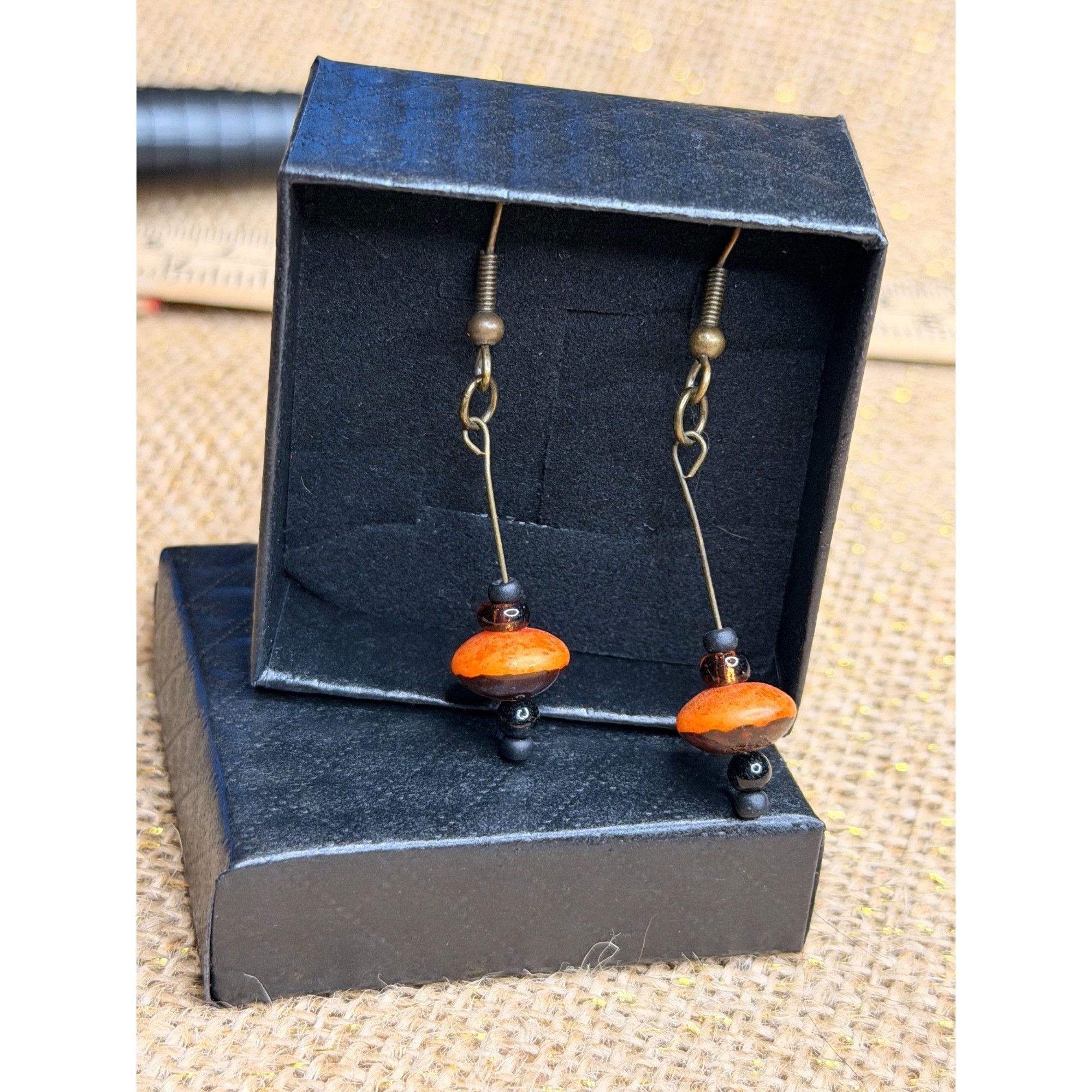 Other Handcrafted Bohemian Orange & Black Beaded Dangle Earrings L Size ONE SIZE - 2 Thumbnail