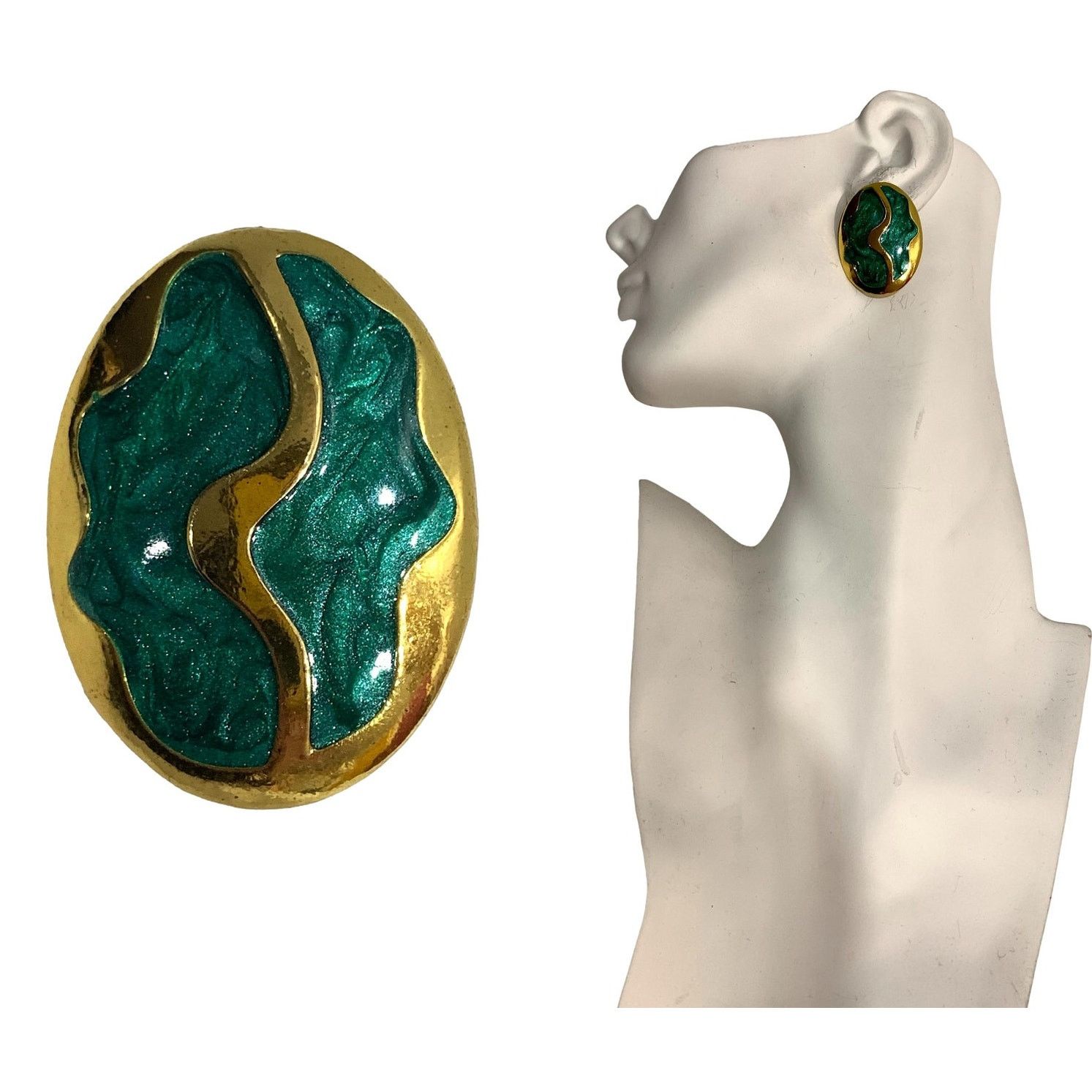 Jewelry × Vintage Vintage 80s Large Oval Gold & Green Enamel Swirl Earrings Size ONE SIZE - 1 Thumbnail