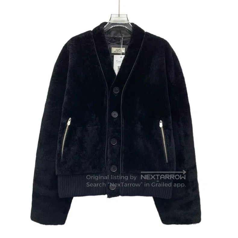 Hermes Hermes Black Wool Leather Combined V-Neck Single-Breasted Size US L / EU 52-54 / 3 - 1 Thumbnail