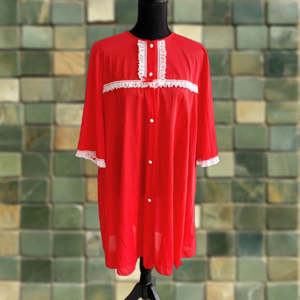 Vintage VINTAGE Lorraine Red White Nylon Lace Nightie Nightgown Robe Set Size Large Ladies Nightgown Set Nylon Lace GoGo 1960s Red Lorraine Mens? Size ONE SIZE - 1 Thumbnail