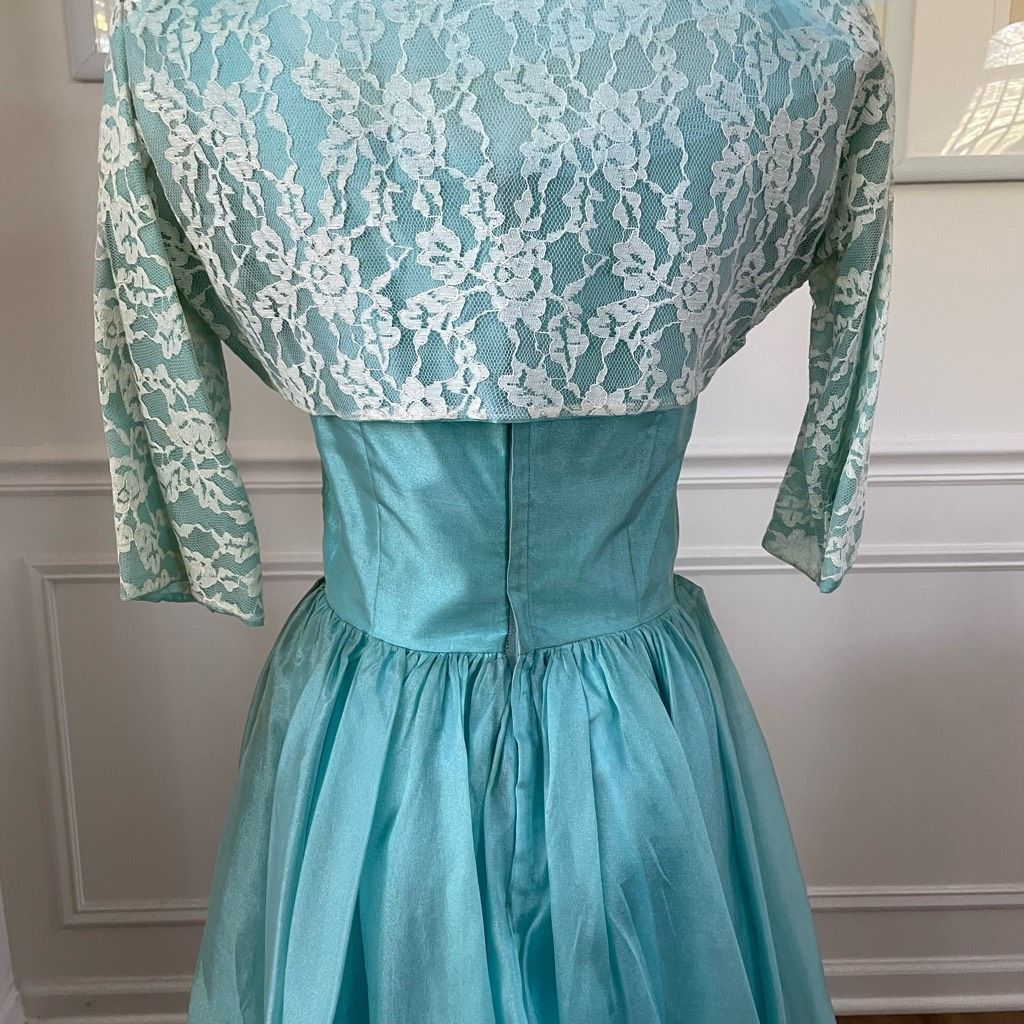 Vintage Vintage 60s Turquoise Blue Ivory Lace Fit & Flare Dress Shru Size XS / US 0-2 / IT 36-38 - 6 Thumbnail