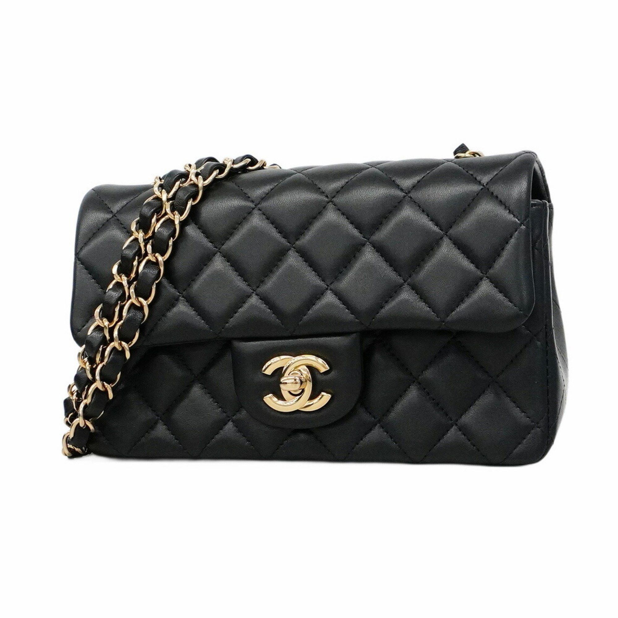 Chanel Shoulder Bag Mini Matelasse Chain Lambskin Black Champagne Ladies, Women's