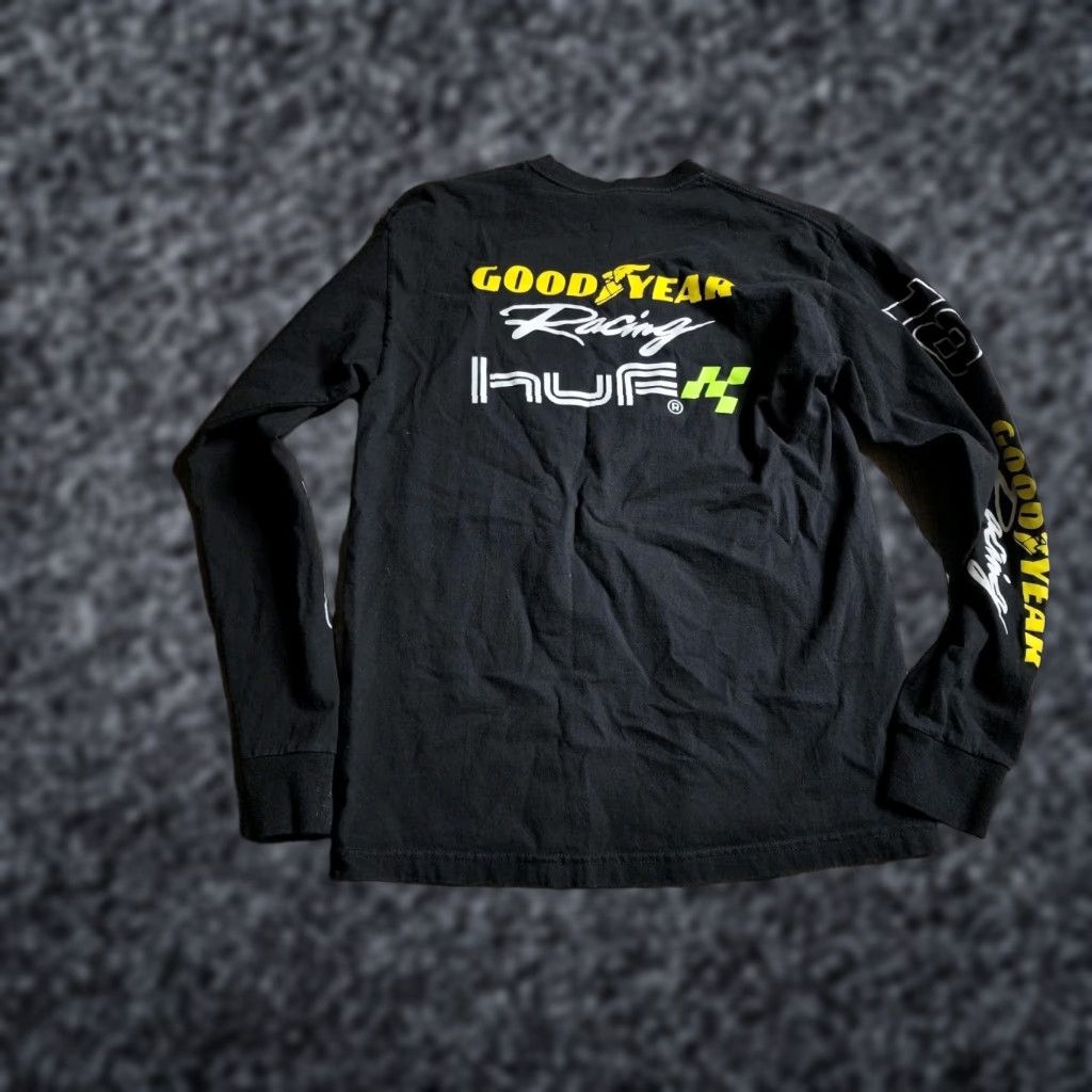 Huf HUF X Goodyear Racing Performance Long Sleeved T Shirt Double Sided Mens M Black 100% Cotton Knit Crew Neck Graphic Tee Sports All Seasons Size US M / EU 48-50 / 2 - 1 Thumbnail