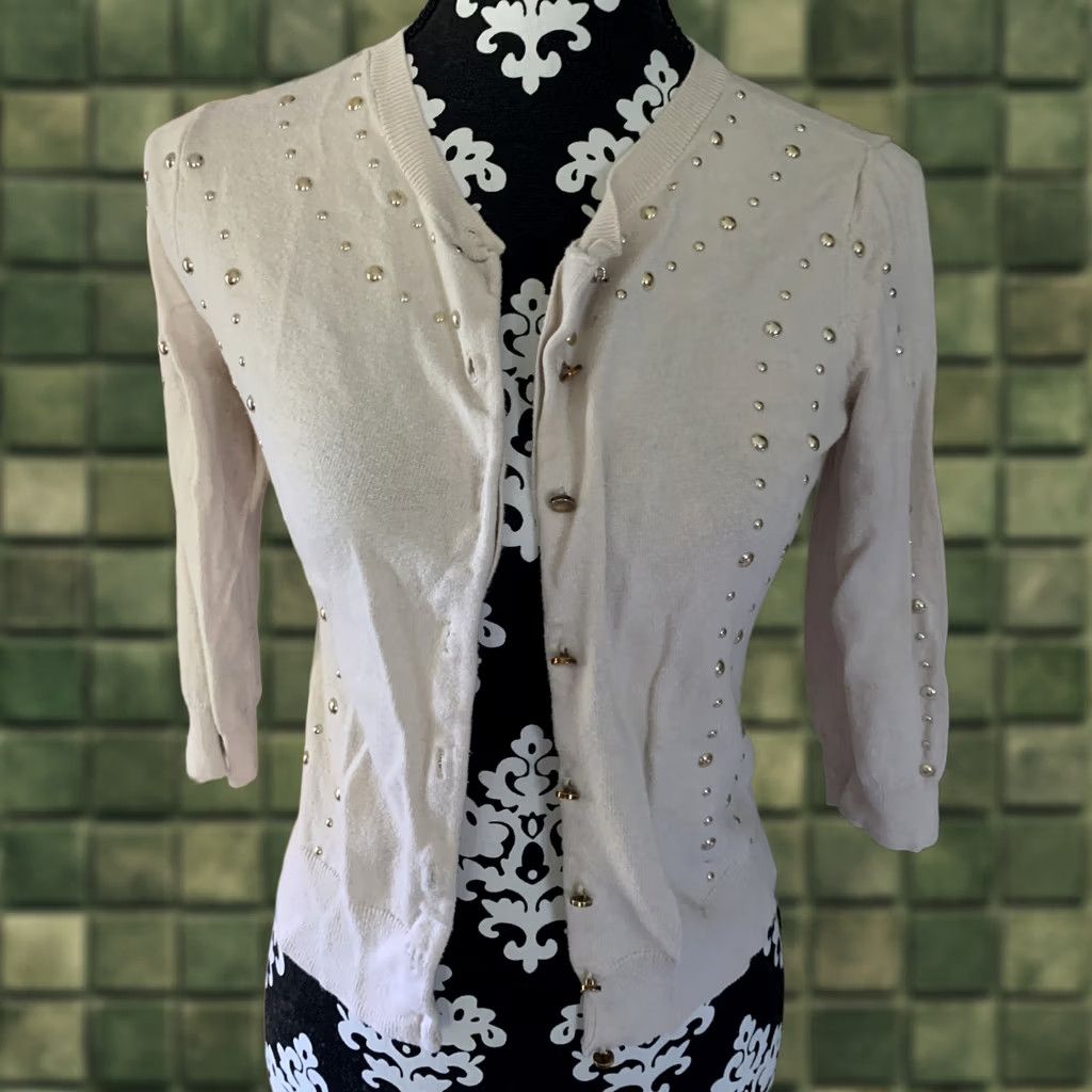 Vintage New York & Company Cardigan Sweater Women’s Tan Beige Gold Stud Detail Size S Knit Cotton Rayon Nylon Size S / US 4 / IT 40 - 1 Thumbnail