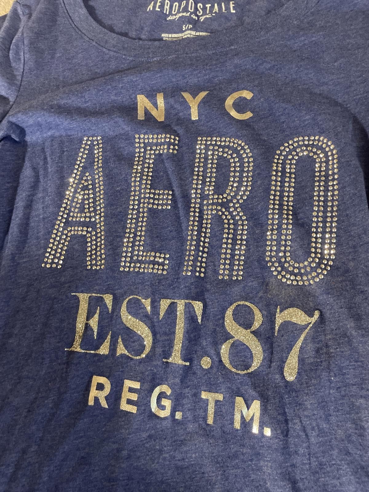 Aeropostale Y2K Aero Tee Top Women's Small Blue Silver NYC Rhinestones Size S / US 4 / IT 40 - 2 Thumbnail