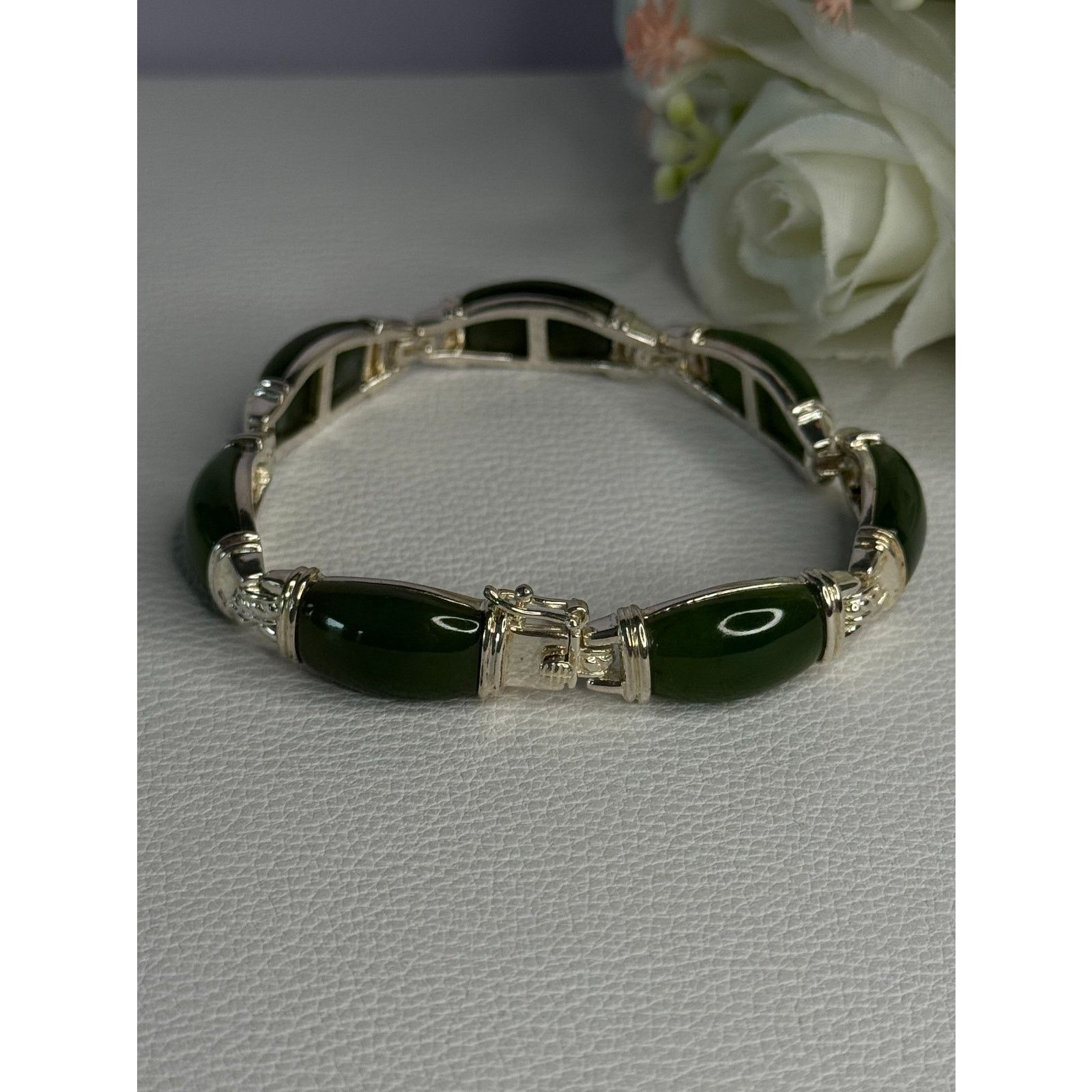 Jewelry 925 STERLING SILVER GREEN NEPHRITE BRACELET LENGTH 7.5 Size ONE SIZE - 7 Thumbnail