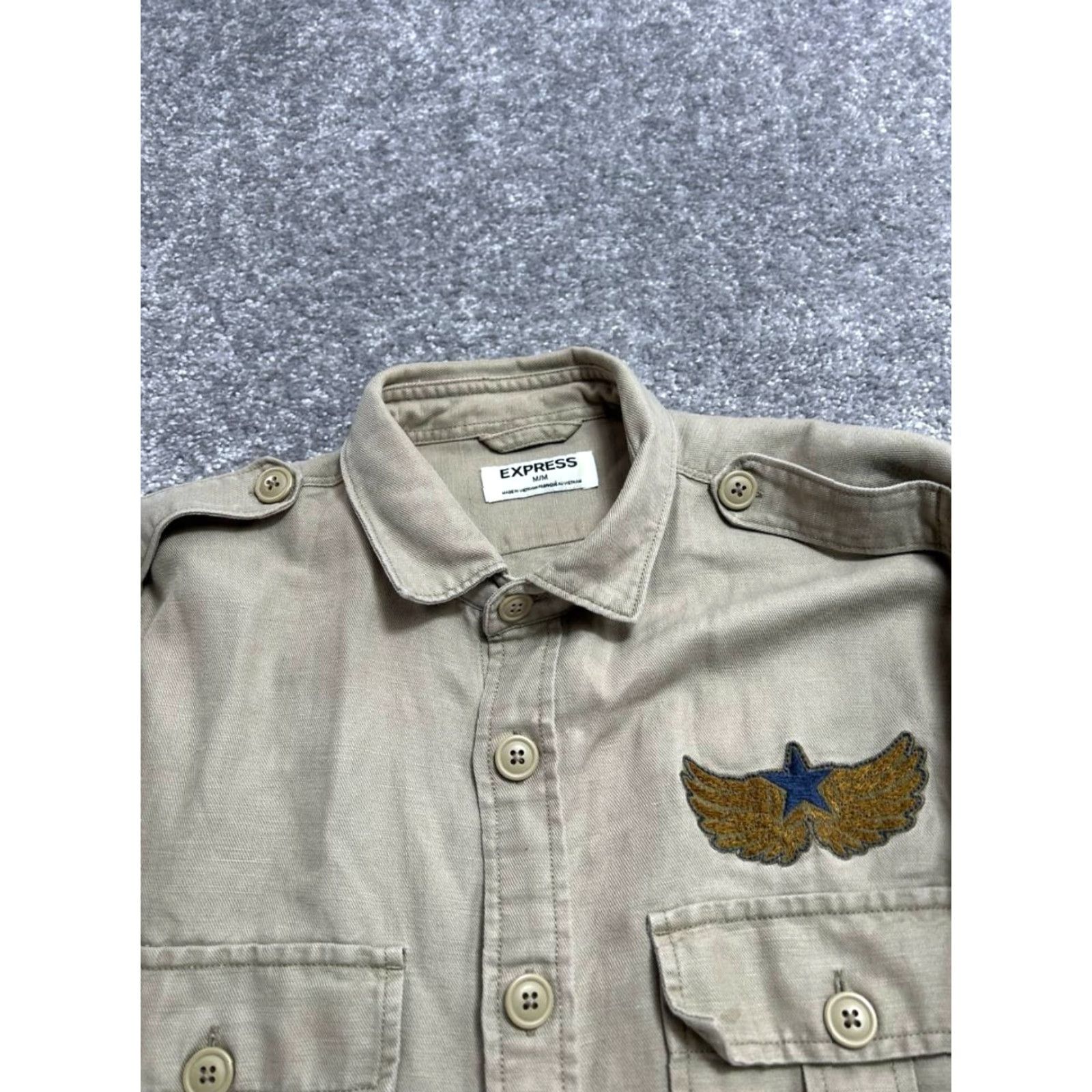 Express Express Military Shirt Mens M Beig e Linen 30th Division Eagle Embroidered Shirt Size US M / EU 48-50 / 2 - 3 Thumbnail