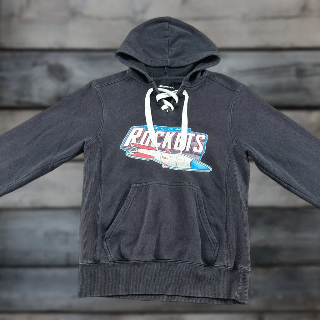 Vintage SPORT-TEK Hoodie Mens XS Black Pullover Cotton Drawstring Sport Tex Tacoma Rockets Dye Fade Spot Sleeve Size US XS / EU 42 / 0 - 1 Thumbnail