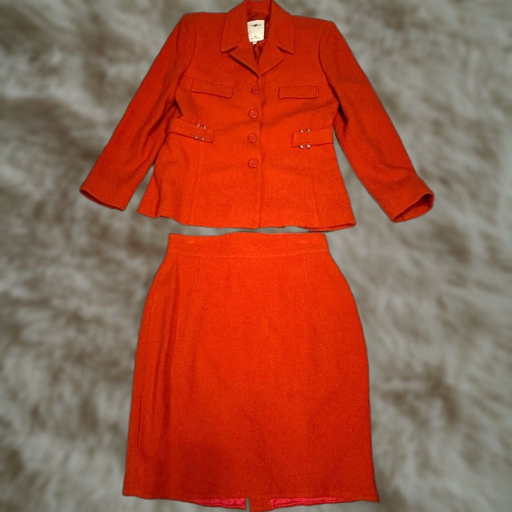 Vintage Vertigo Pour Le Ville Womens Wool Blend Skirt Suit Jacket L/10 Orange Texture Knit Set Includes: Jacket, Skirt Size 36" / US 14 / IT 50 - 1 Thumbnail