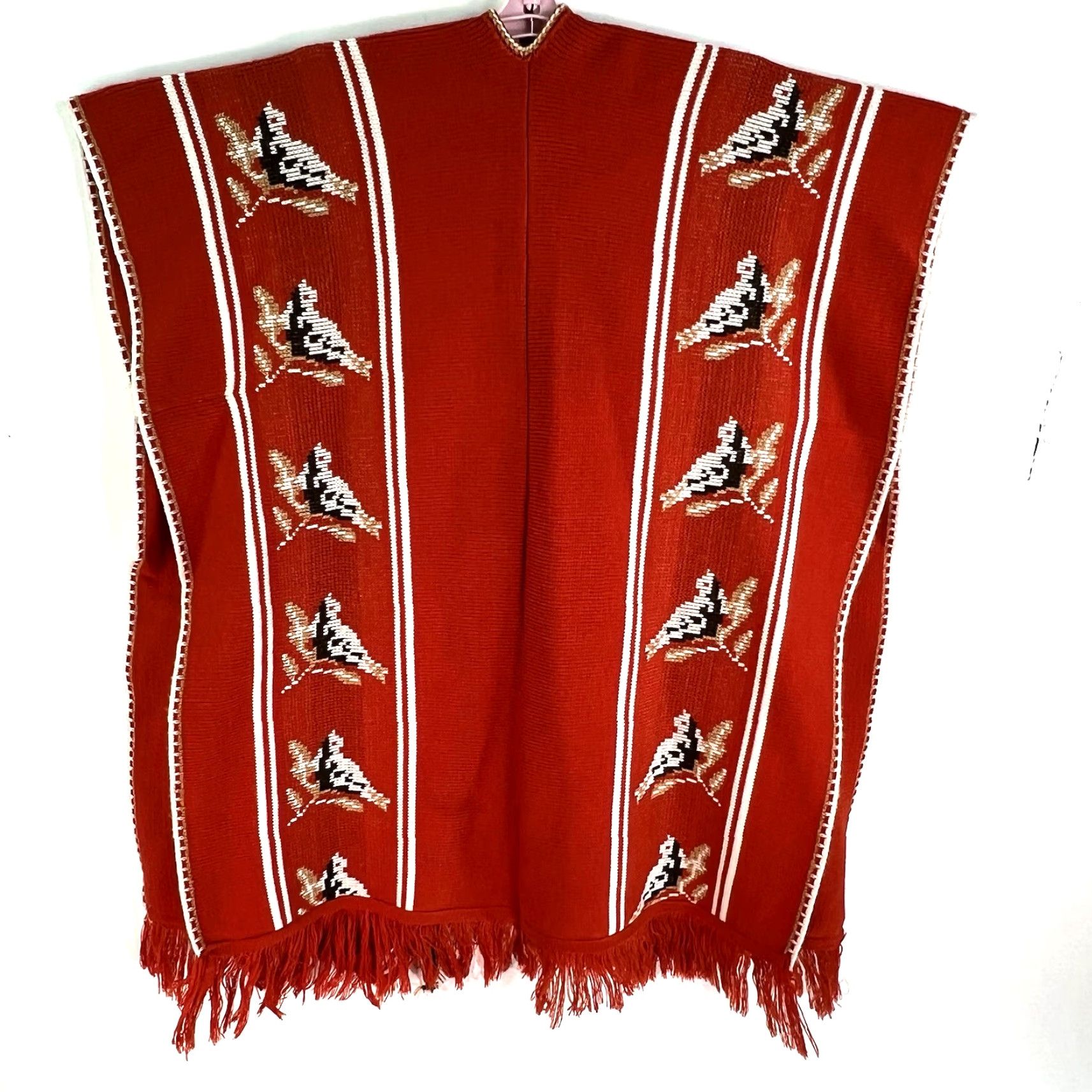 Rusty VINTAGE Southwestern Bird Poncho Sweater Womens One Size Rust Orange Animal Print Cape with Fringe Tasseled Accents Size ONE SIZE - 6 Thumbnail