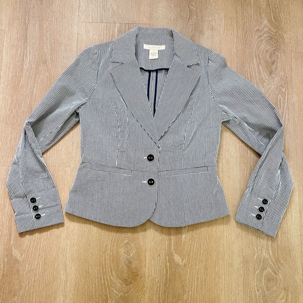 Sandro Sandro Seersucker Navy Blue White Pinstripe Cotton Blazer Ja Size S / US 4 / IT 40 - 2 Thumbnail