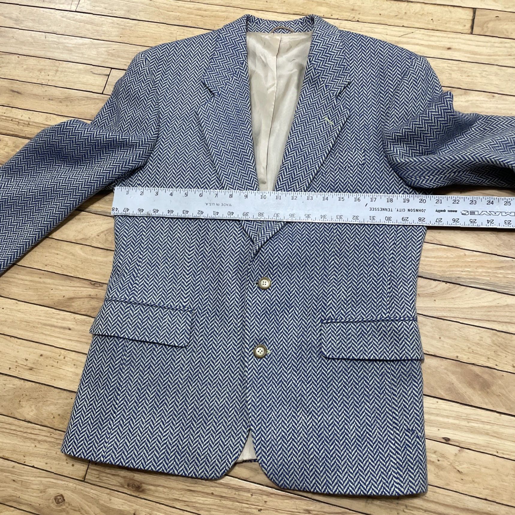 Vintage VINTAGE Only by Eckerle Wool Blazer Men 42R Tweed Herringbone Blue Yellow 90s Notch Lapel Single-Breasted 2-Button Casual Business Size 42R - 6 Thumbnail