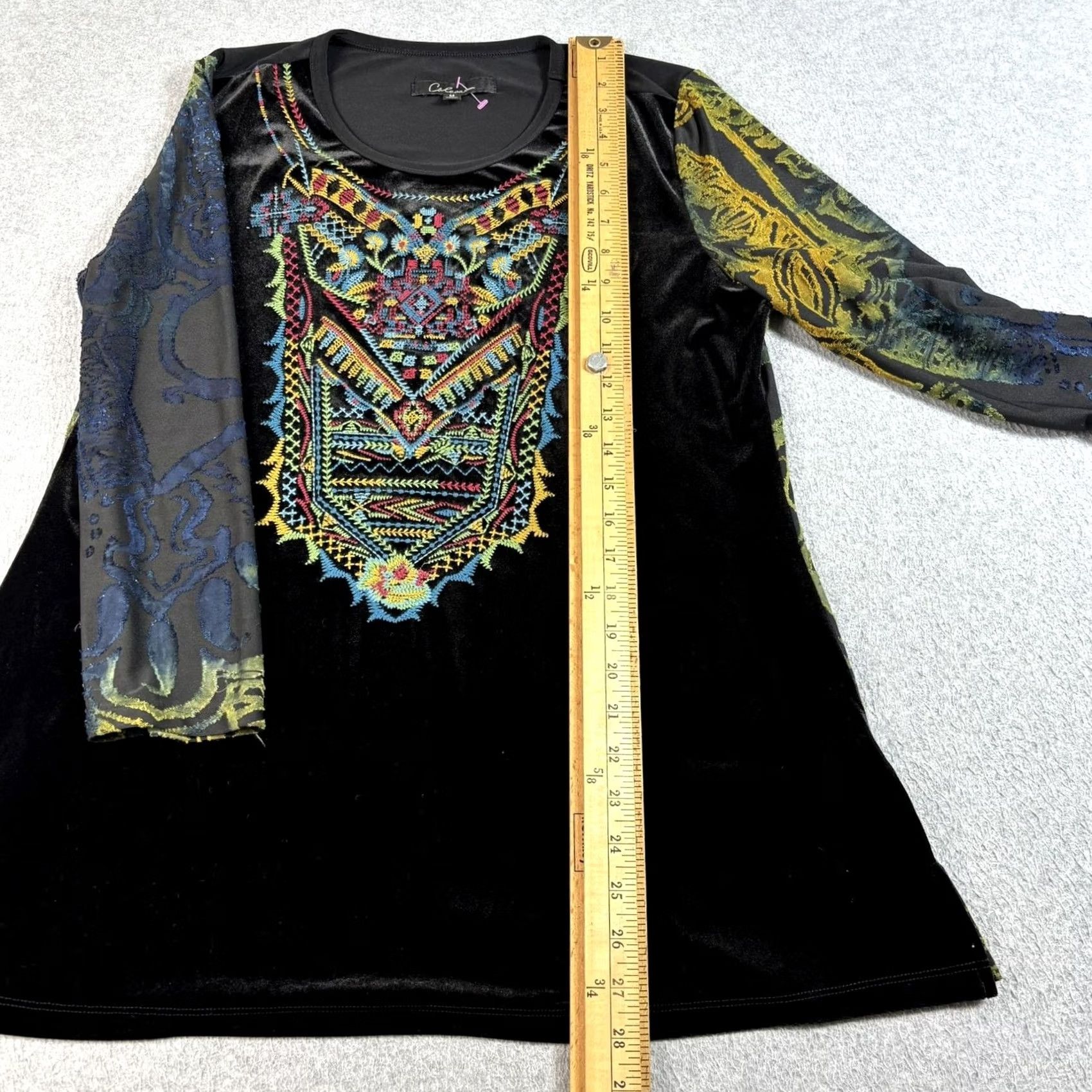 Vintage Calessa Shirt Women M Black Velvet Burnout Embroidered Geometric Boho Tunic Blouse Size M / US 6-8 / IT 42-44 - 7 Thumbnail