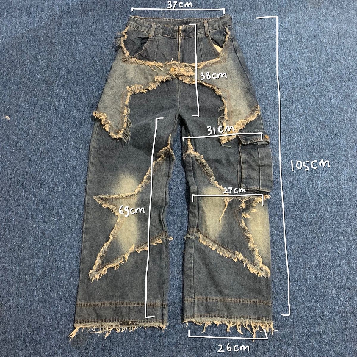 Japanese Brand Distressed patchwork star denim wide-leg jeans blue Size US 29 - 8 Thumbnail
