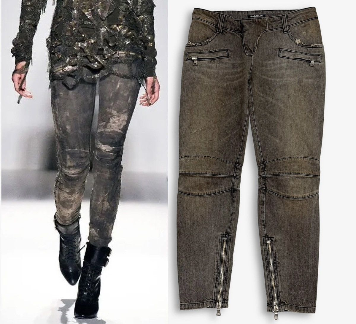 Balmain BALMAIN Decarnin SS 2010 Oil Stained Runway Biker Zip Jeans Size US 28 / EU 44 - 23 Thumbnail