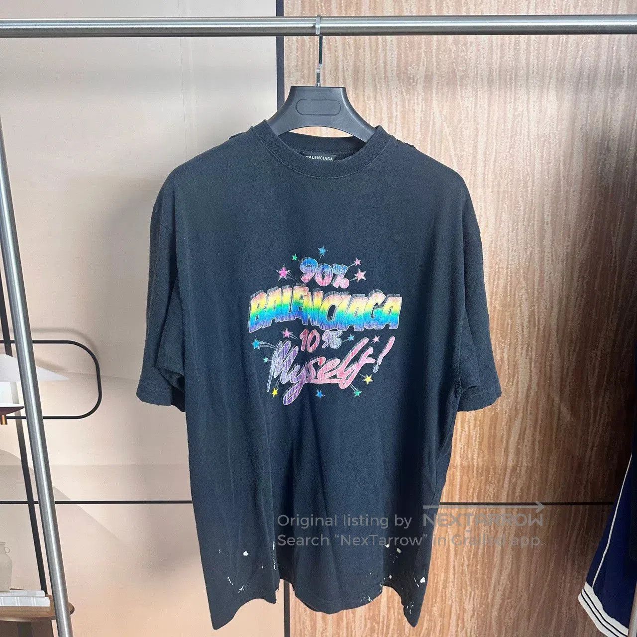 Balenciaga Black Distressed Rainbow Splatter Tee M.