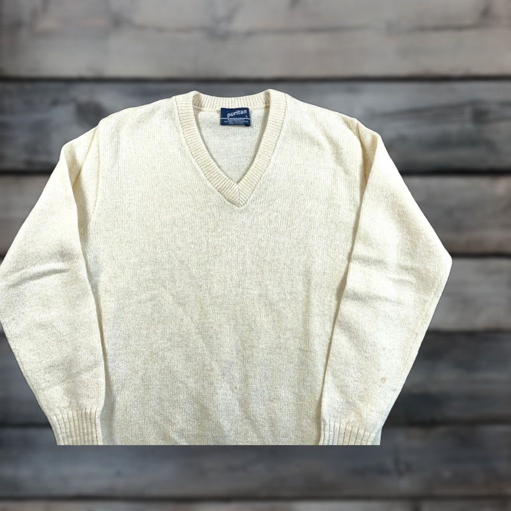 Vintage VTG Puritan 80s Wool Blend V-Neck Sweater Adult Large Ivory Knit Aquamatic Brand Size US L / EU 52-54 / 3 - 1 Thumbnail