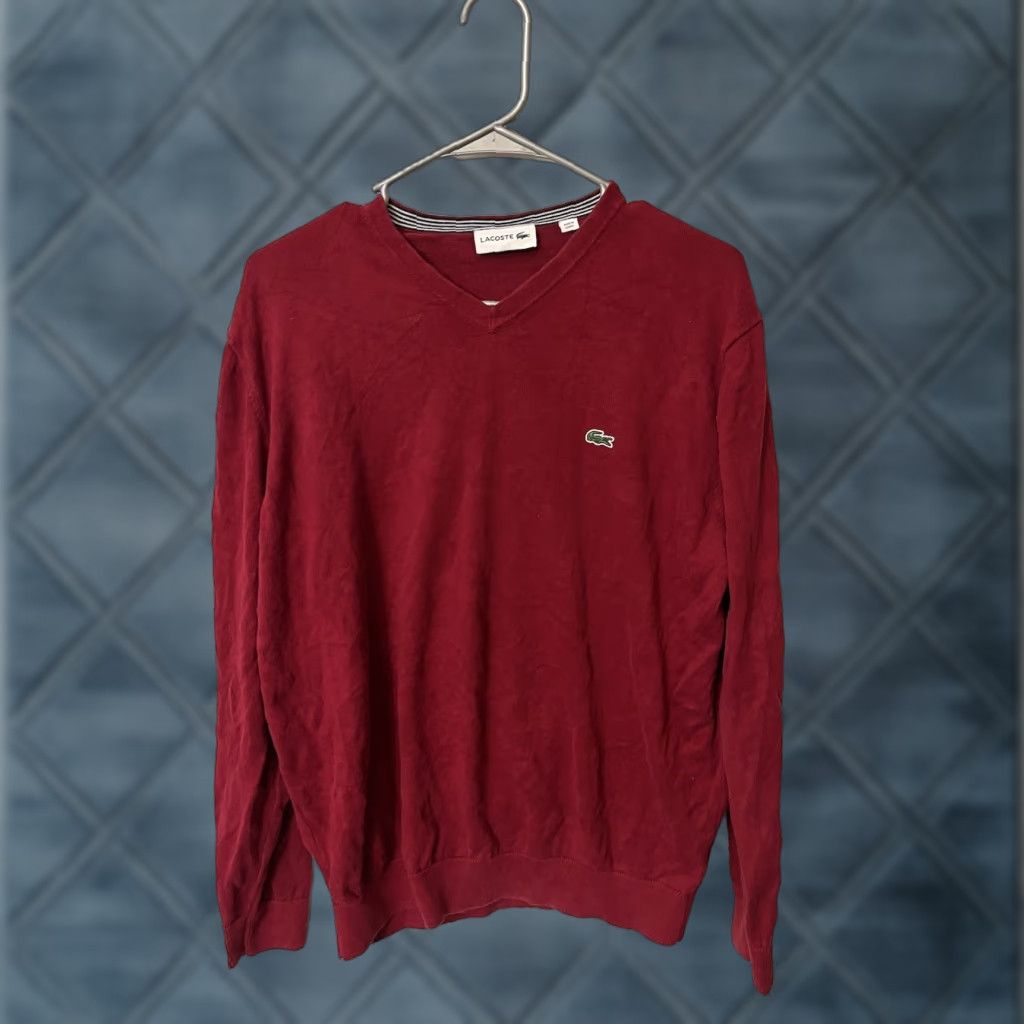 Lacoste LACOSTE VINTAGE V-Neck Sweater Men's Large Regular Fit Solid Bordeaux Red Classic Preppy Office Career Size US L / EU 52-54 / 3 - 1 Thumbnail