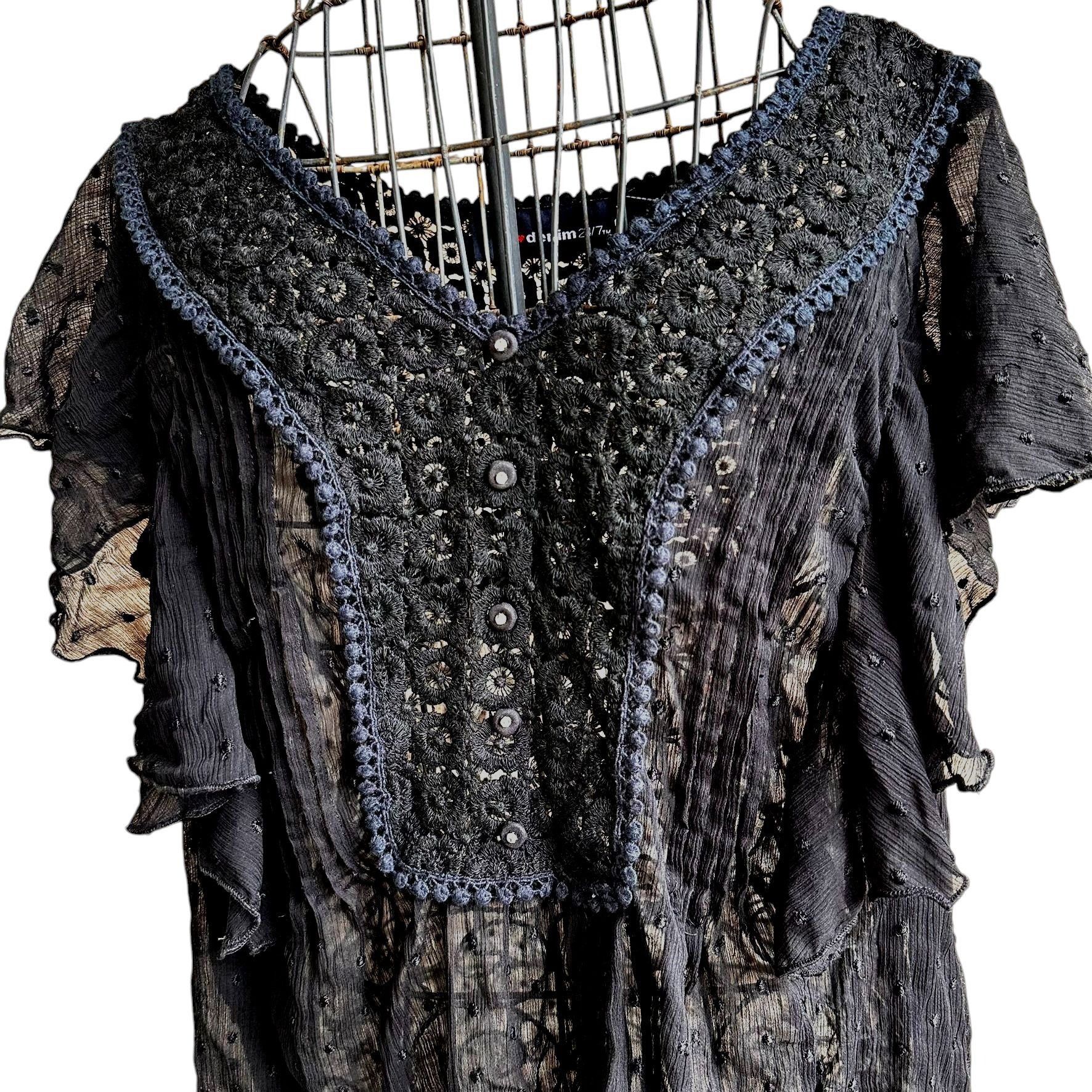 Vintage Denim 24 7 Blouse 14W Black Semi Sheer Swiss Dots Sexy Size XL / US 12-14 / IT 48-50 - 2 Thumbnail