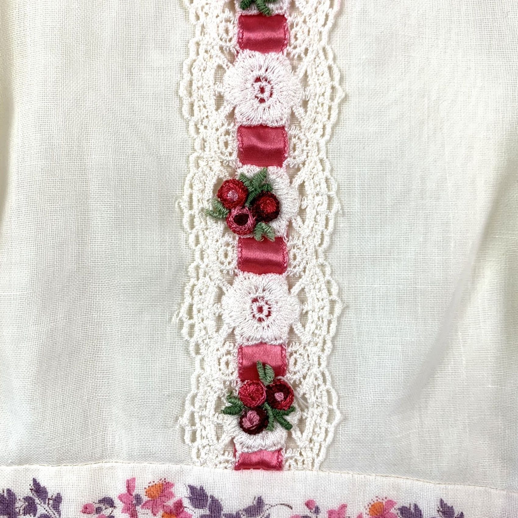 Vintage VINTAGE 60s 70s Prairie Cottagecore Maxi Dress Cream Pink Floral Ribbon Lace S M Boho Folk Romantic Size XS / US 0-2 / IT 36-38 - 4 Thumbnail